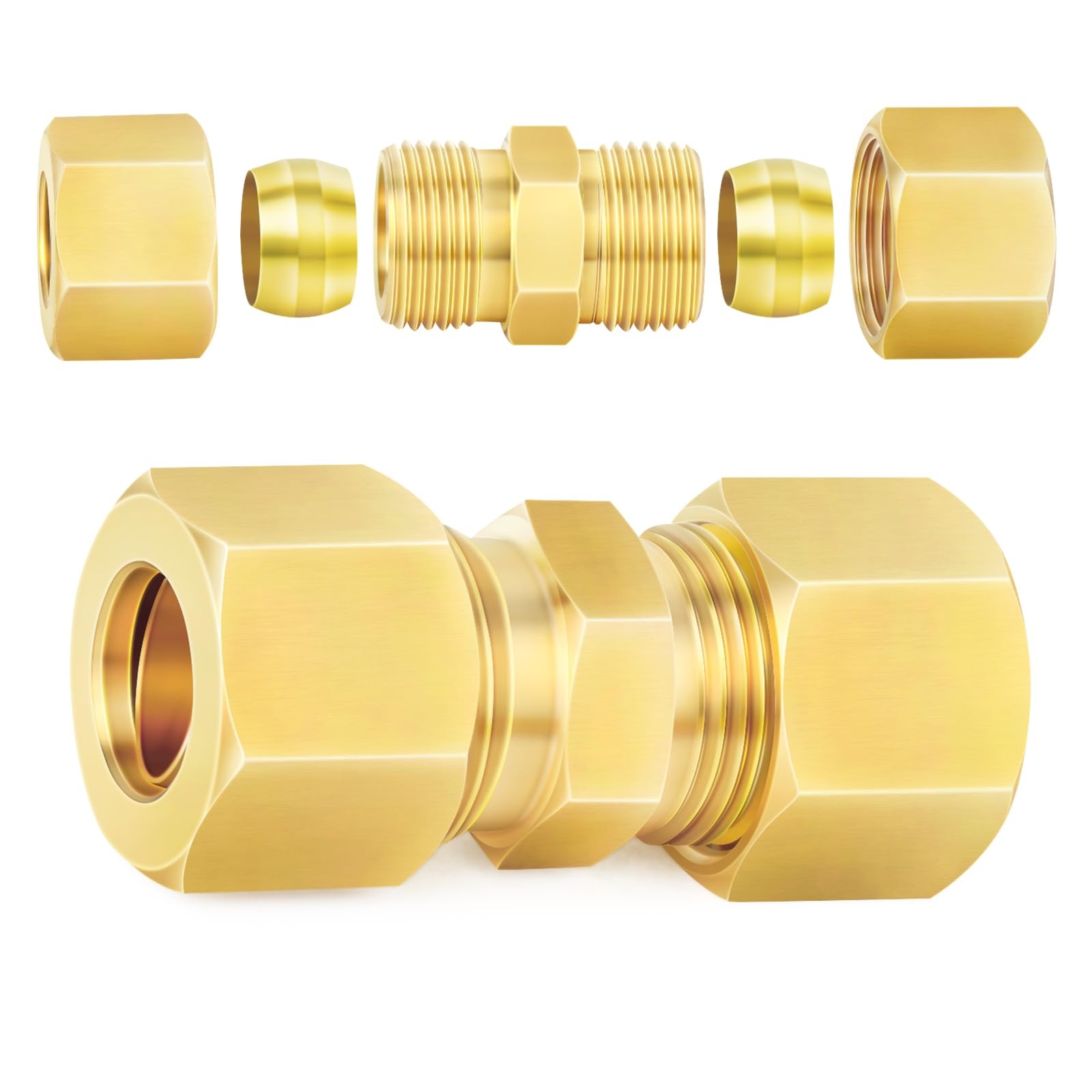2 PCS 5/8×5/8 Inch OD Brass Compression Tube Union Connector Fitting