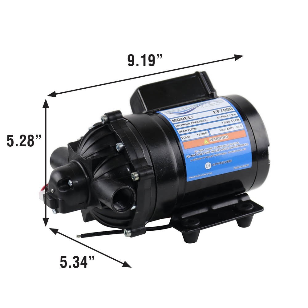 Everflo EF7000 12V Diaphragm Sprayer Pump – 7.0GPM, 60 PSI Max, 1/2″ FNPT Ports