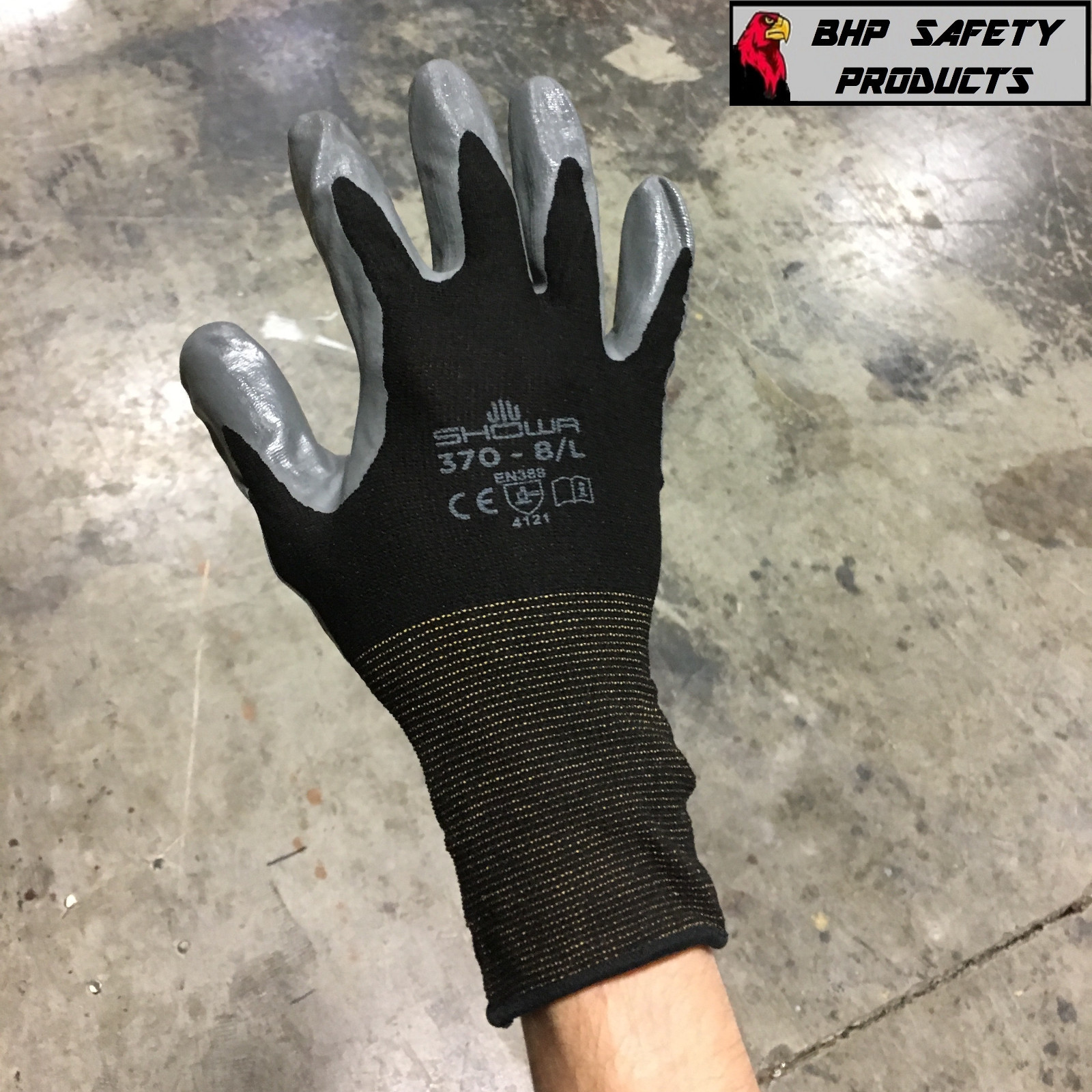 ATLAS FIT 370 SHOWA BLACK LARGE NITRILE GARDENING WORK GLOVES, 12-PAIRS