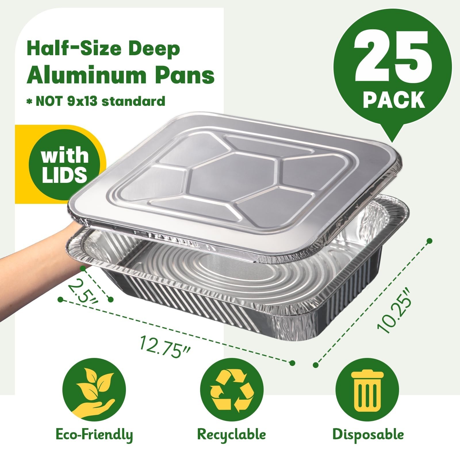 9×13 Aluminum Pans with Lids [25 Pack], Extra Heavy Duty Half Size Disposable…
