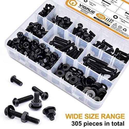 305Pcs 1/4-20 Bolt Nut Assortment Kit, Black Socket Cap Screws, Washers, Class 1