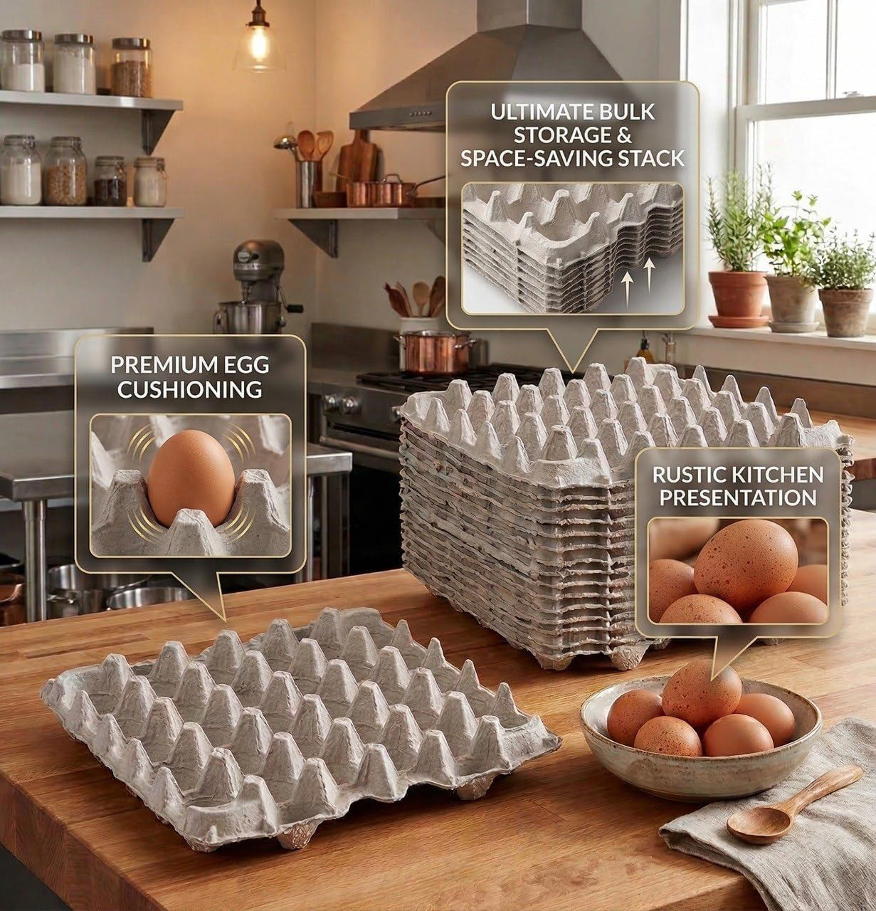 Egg Flat Cartons 30 Count, Pulp Fiber Egg Flats Bulk, Stackable Egg Trays for Fa