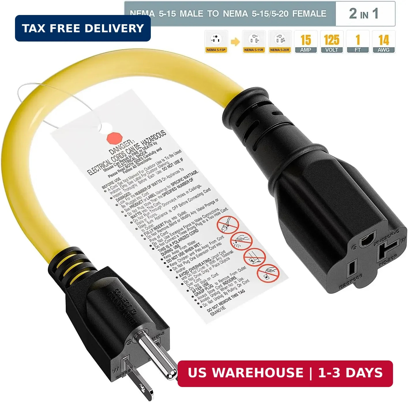 1-Foot 15 Amp Household AC Plug to 20 Amp T Blade Adapter Cable， Nema 5-15P to 5