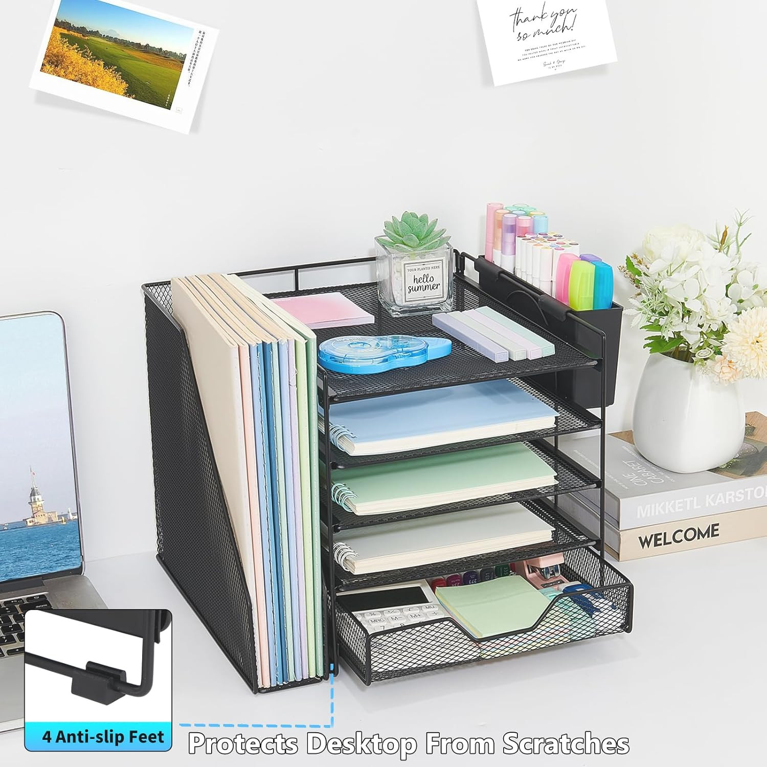 5 Tier Desk File Organizer with Drawer Pen Holder Metal Mesh Black