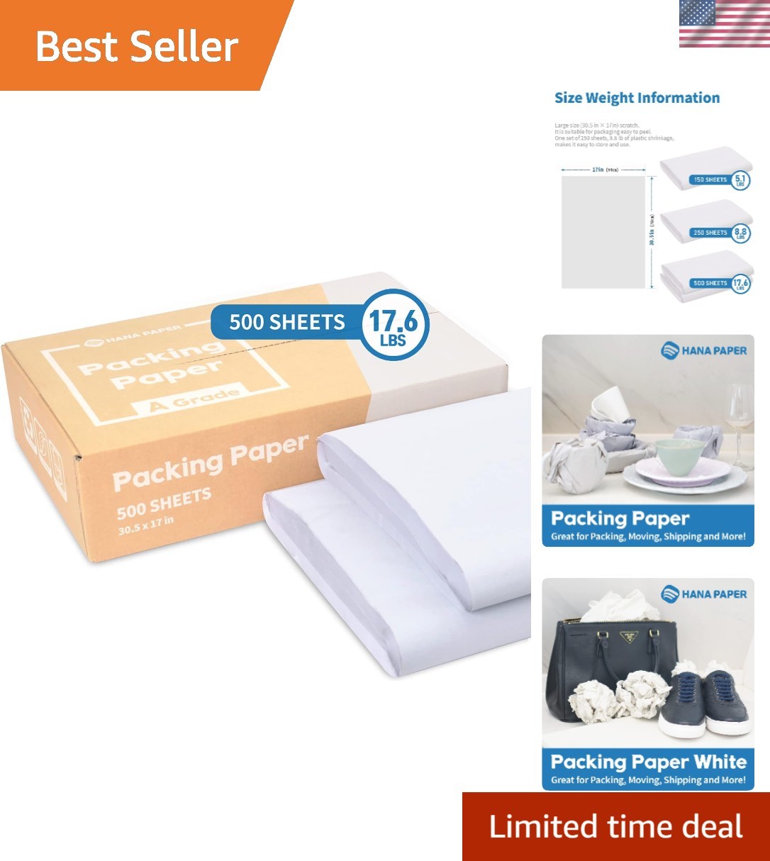 500 Sheets 30.5″ x 17″ Large A-Grade Packing Paper – Ideal for Moving & Shipping
