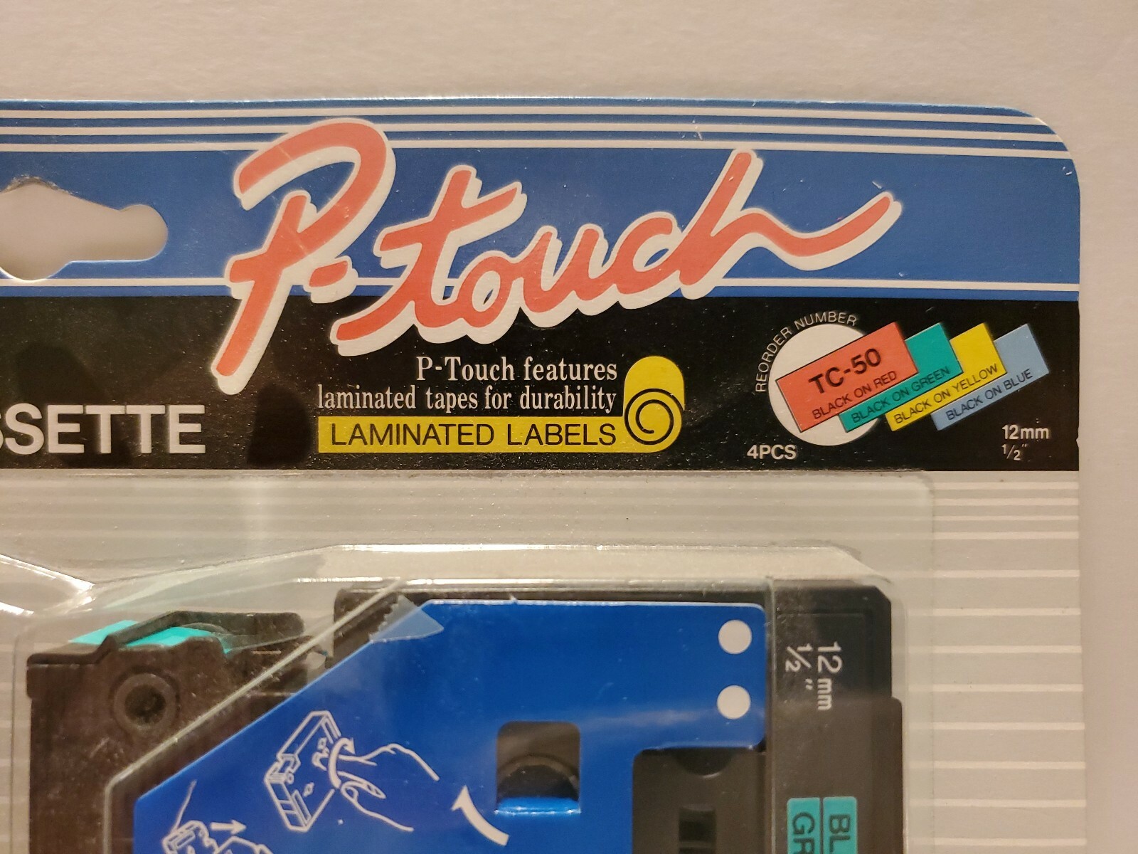 4 pack P Touch TC-50 Tape Black on Red or Yellow or Blue or Green 1/2″ x 25′ NEW