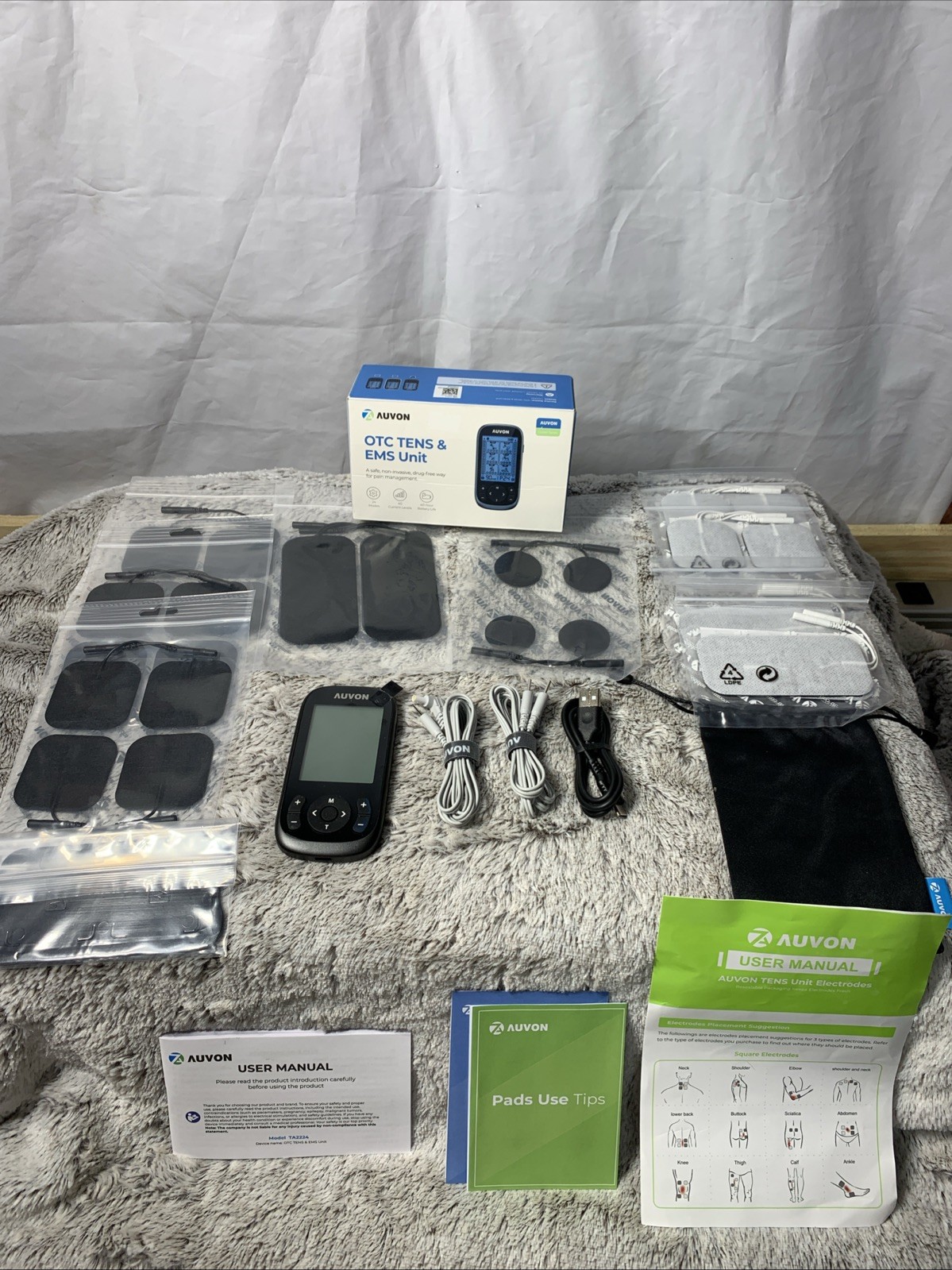 Auvon OTC TENS & EMS Unit 40-Hour Battery Model TA2224 Rechargeable 12 TENS Pads