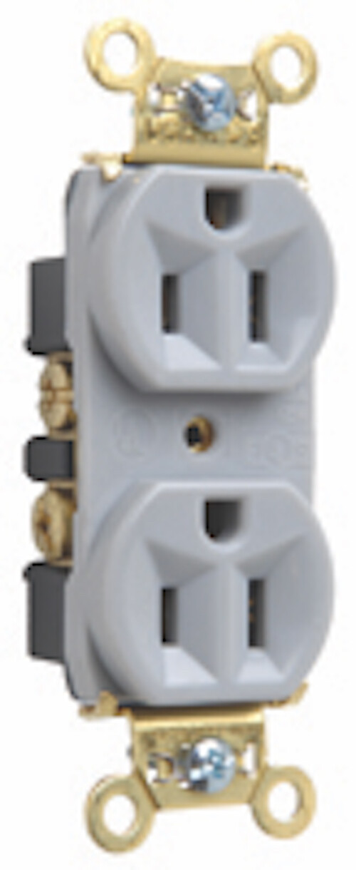 HEAVY-DUTY SPEC GRADE RECEPTACLES, BACK & SIDE WIRE, 15A, 125V, GRAY BRASS STRAP