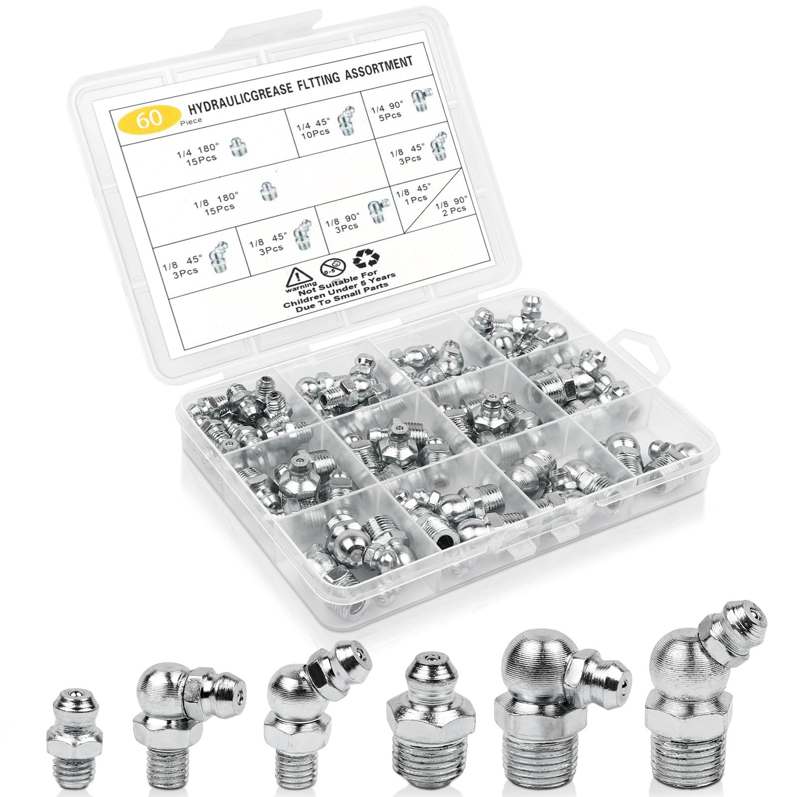 60Pcs Grease Fittings Kit, 1/4 & 1/8 Inch BSP Grease Zerk Fittings Assortment…