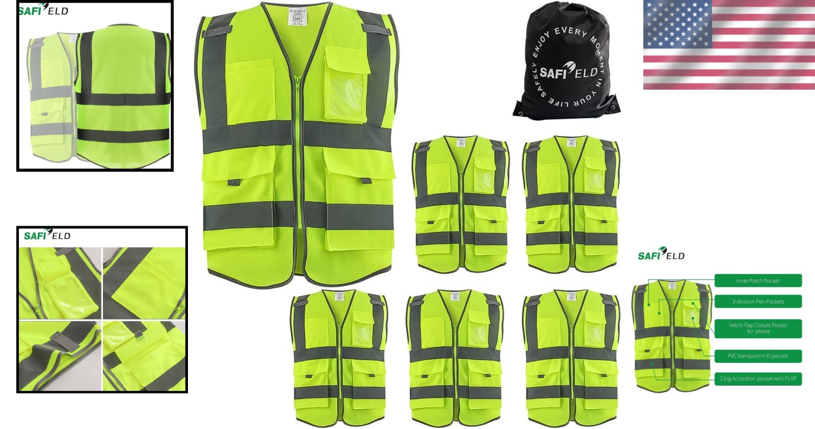 High Visibility Safety Vests 6-Pack with Free Drawstring Bag – Unisex, Durable