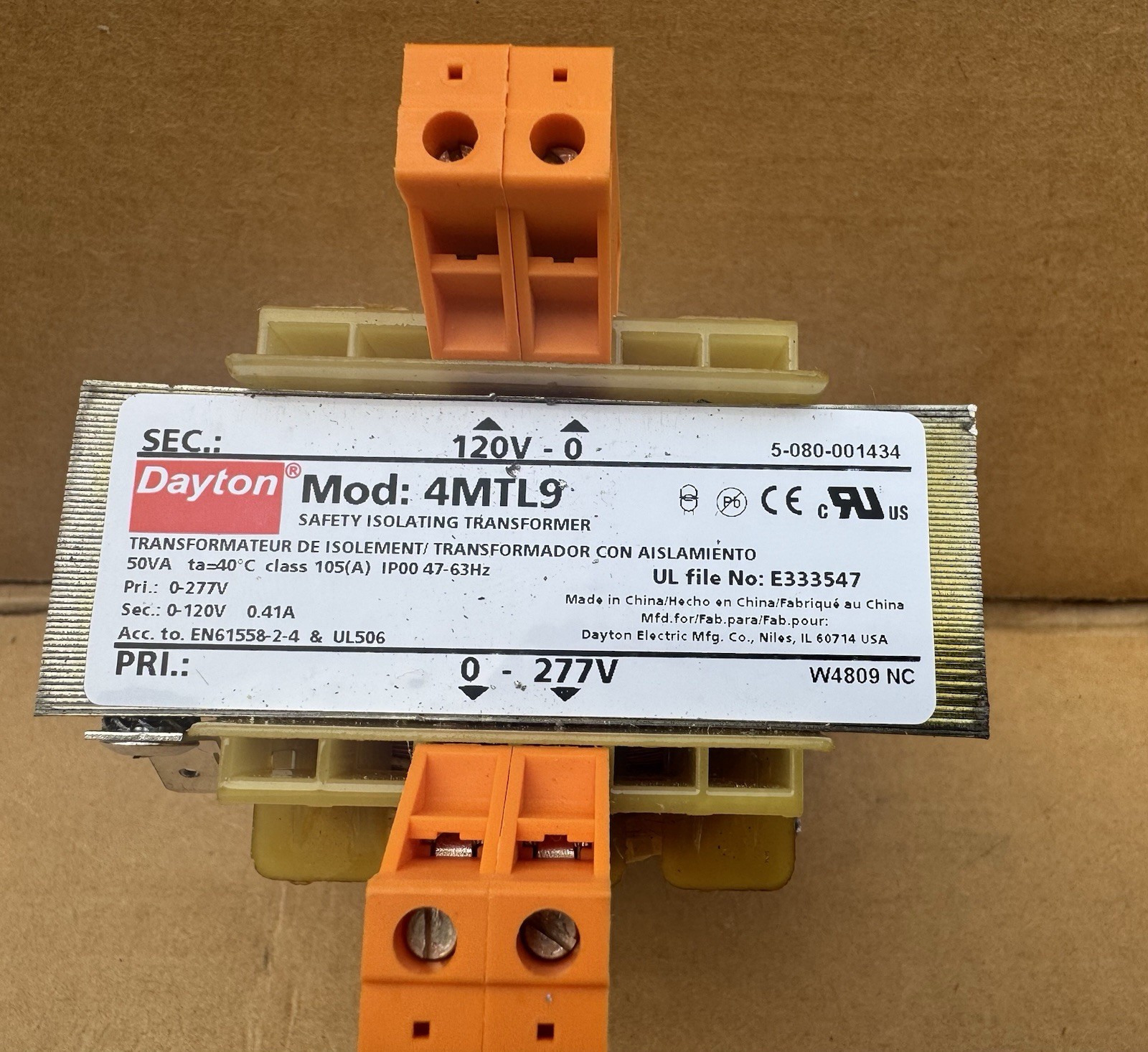 DAYTON Isolating Transformer (1) 4MTL9 277V AC, 120V AC, 50 VA