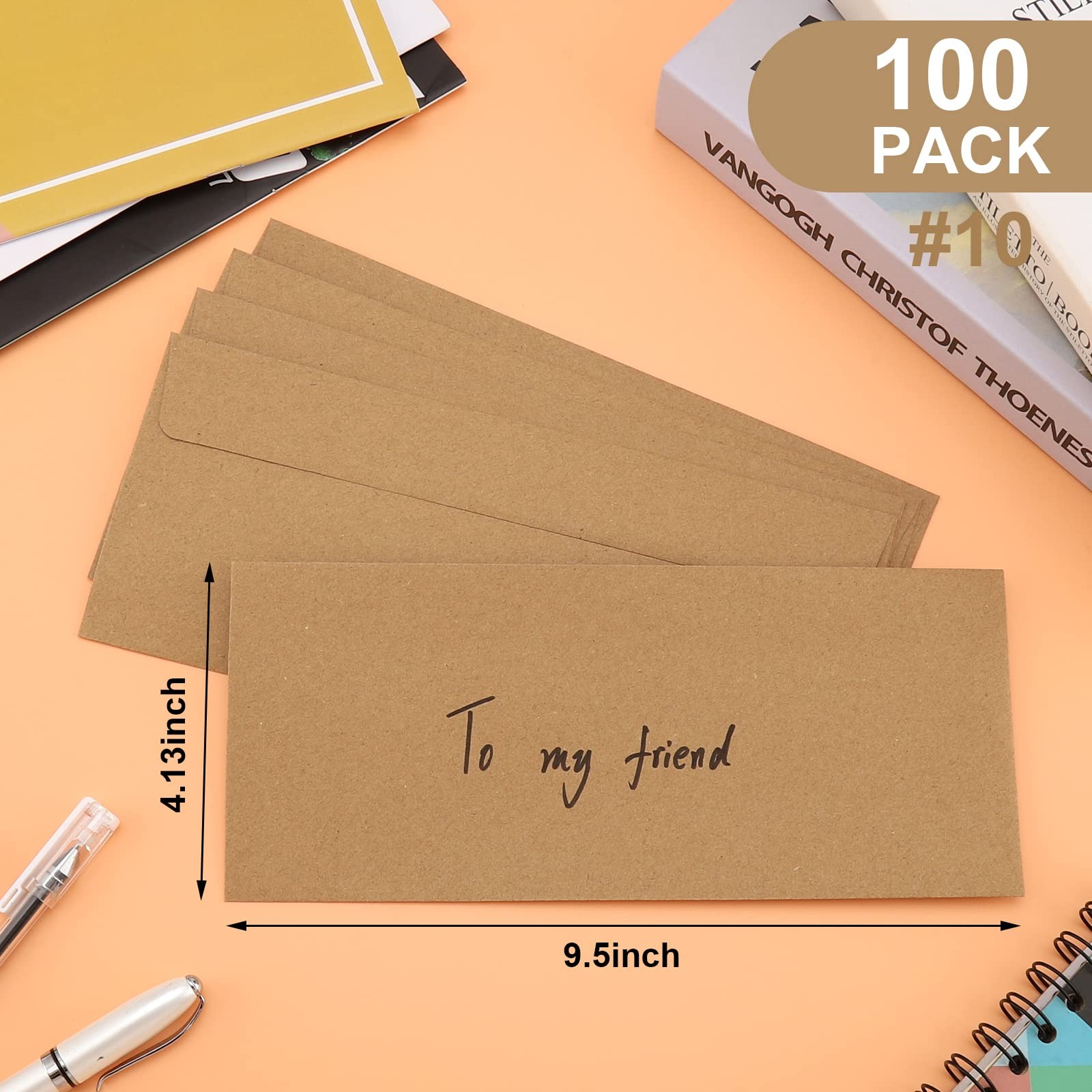 100 Pack #10 Business Envelopes 4-1/8 x 9-1/2 4.125 x 9.5 inches, Kraft-100