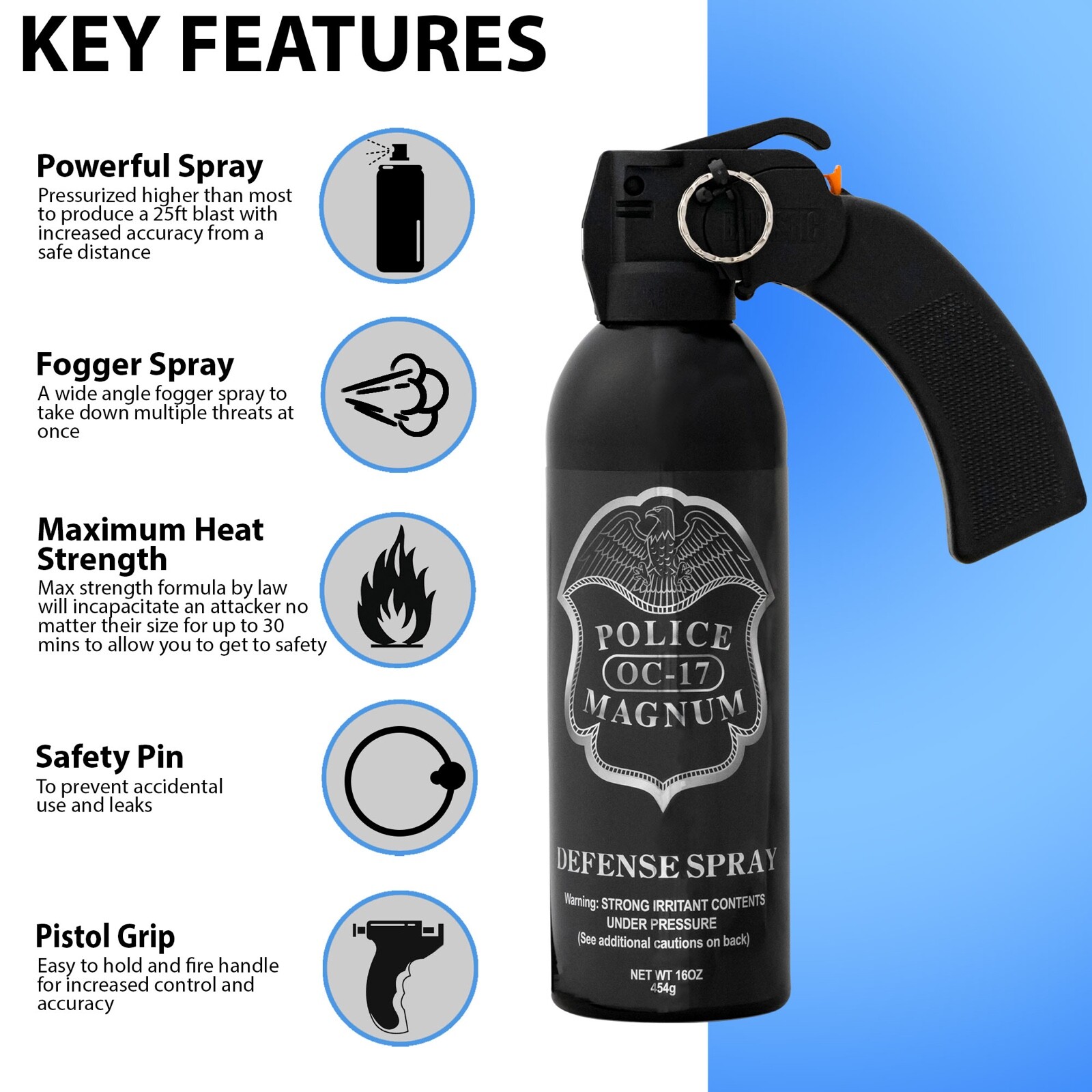 POLICE MAGNUM pepper spray 16 ounce Riot Pistol Grip Fog Home Office Security