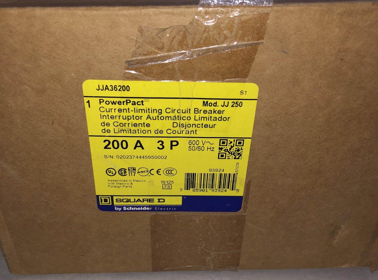 NEW Square D I-Line JJ 250 Amp JJA36200 S1 PowerPact Circuit Breaker 200 A 3 P