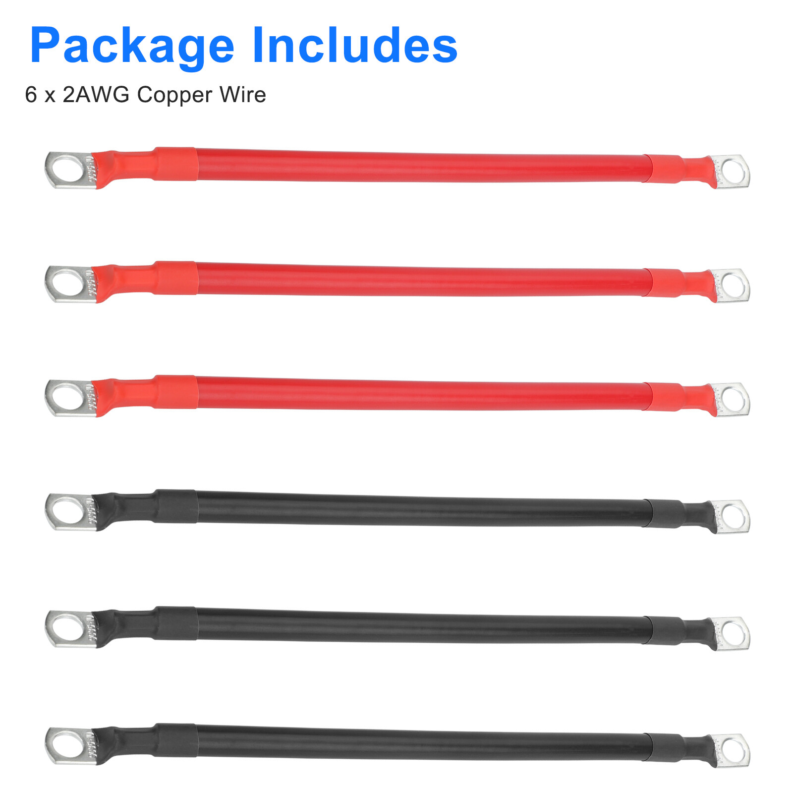 6pcs 2AWG Copper Battery Cables 3/8″ Lugs Terminals Power Inverter Wires 1FT