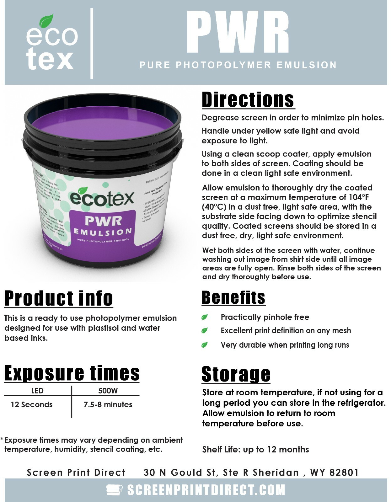 Ecotex® PWR – Pre-Sensitized Water Resistant Screen Printing Emulsion- 1 Pt.16oz
