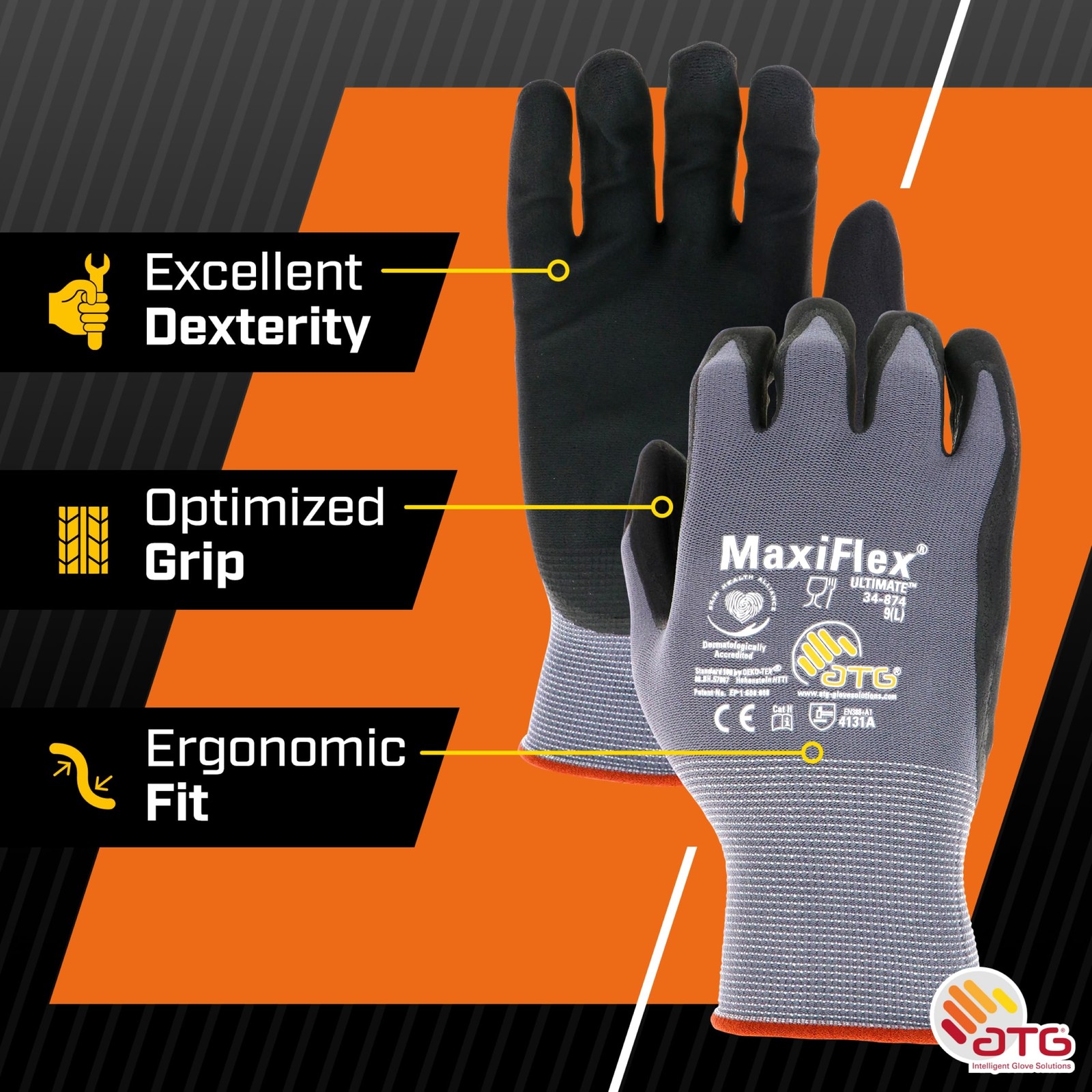 MaxiFlex PIP 34-874/L MaxiFlex Ultimate, Foam Nitrile Palm Coated Gloves, Gra…
