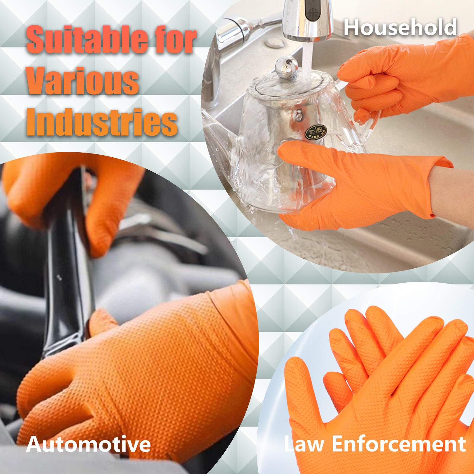 300PCS Orange Nitrile Mechanic Gloves Diamond Textured Powder Free M-XXL