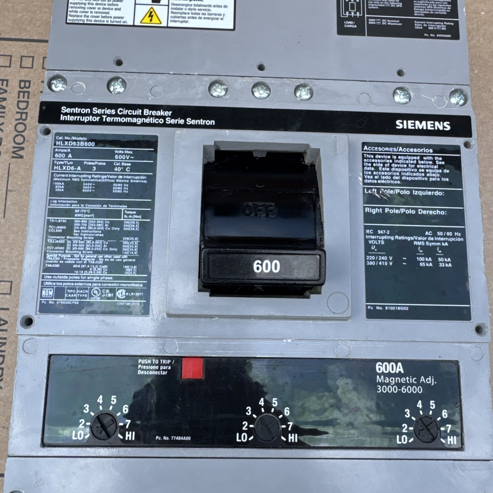 Siemens HLXD63B600 600 Amp 3 Pole 600v Circuit Breaker 3P 600A W/ 600A Trip