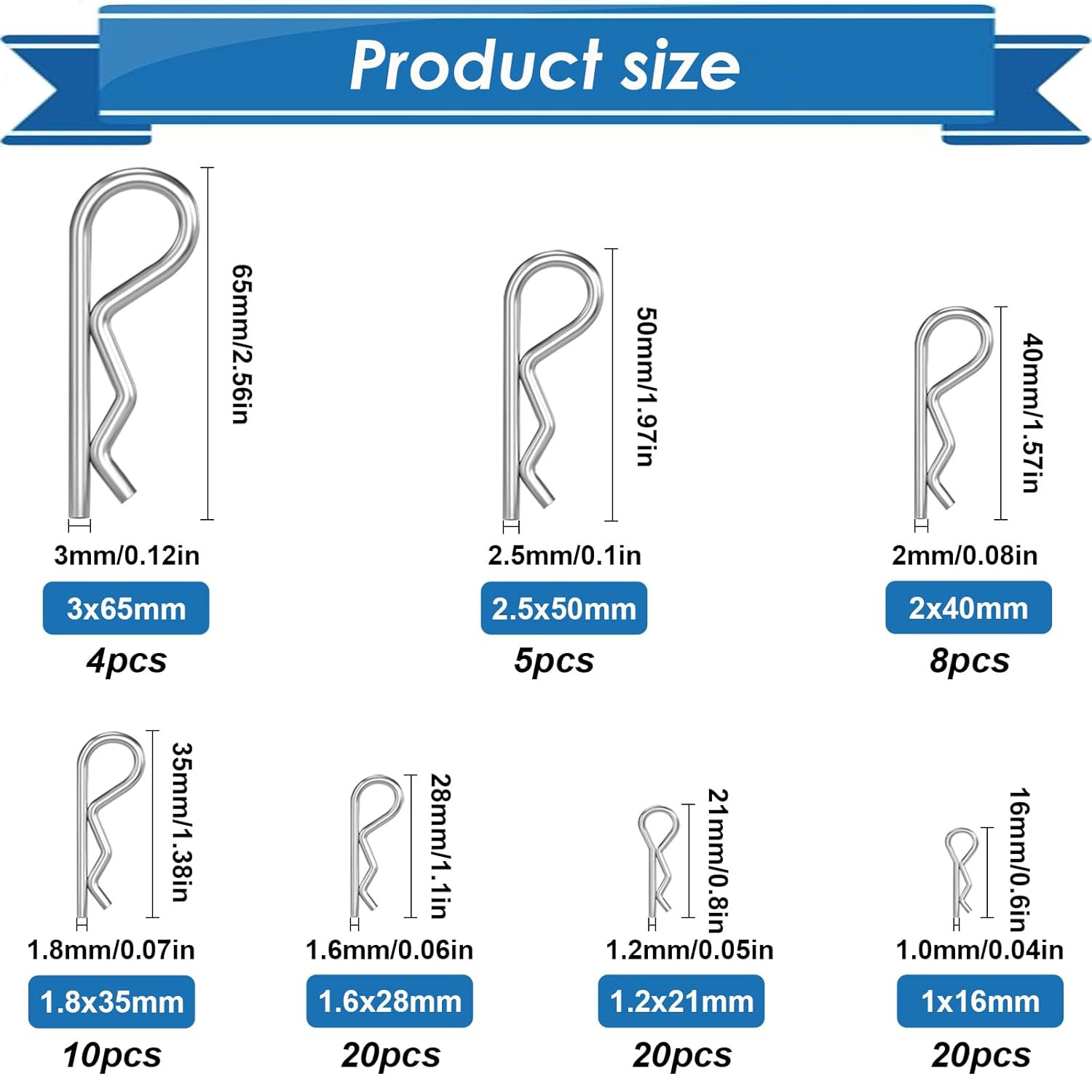 Cotter Pin Assortment Kit 304 Stainless Steel, 13 Sizes with R Clips, Cotter Pin