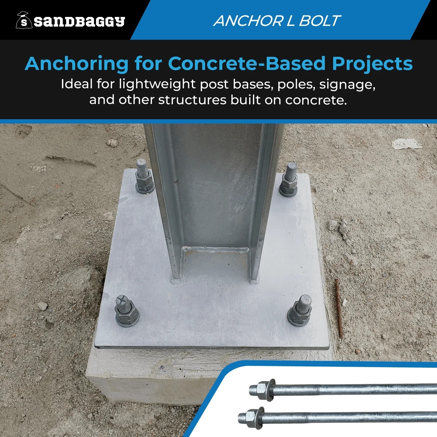 Sandbaggy 1/2″ x 8″ Threaded Concrete Anchor L-Bolts – Hot Dipped Galvanized