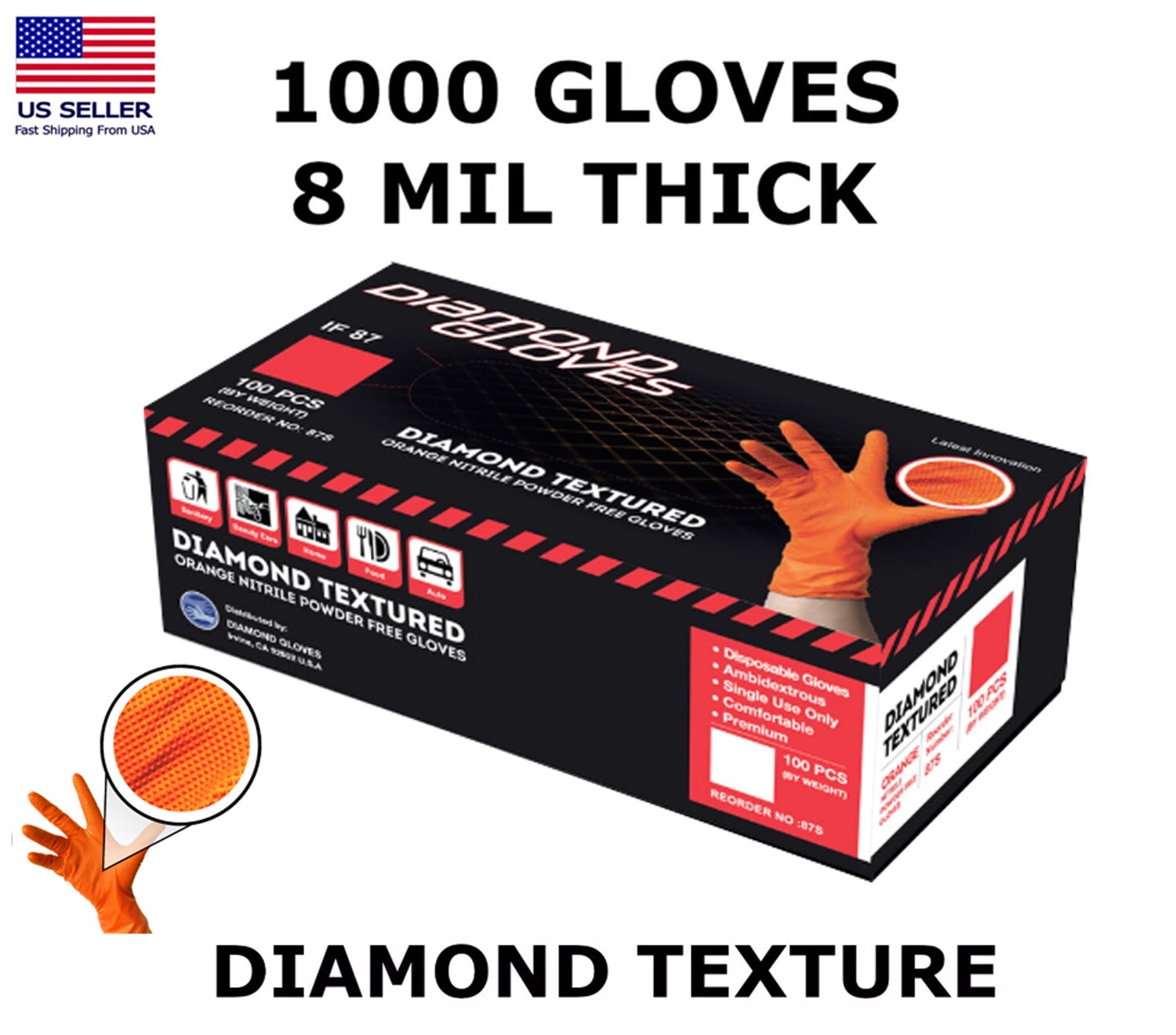 Heavy Duty Orange Nitrile Diamond Textured Gloves 8 Mil Powder-Free Case of 1000