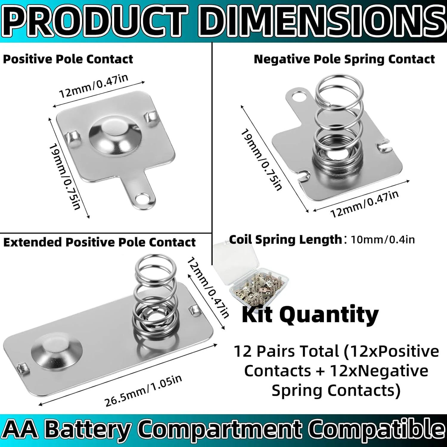 12 Pairs AA Battery Spring Replacement Kit, Nickel Plated Contact Plates & Conve