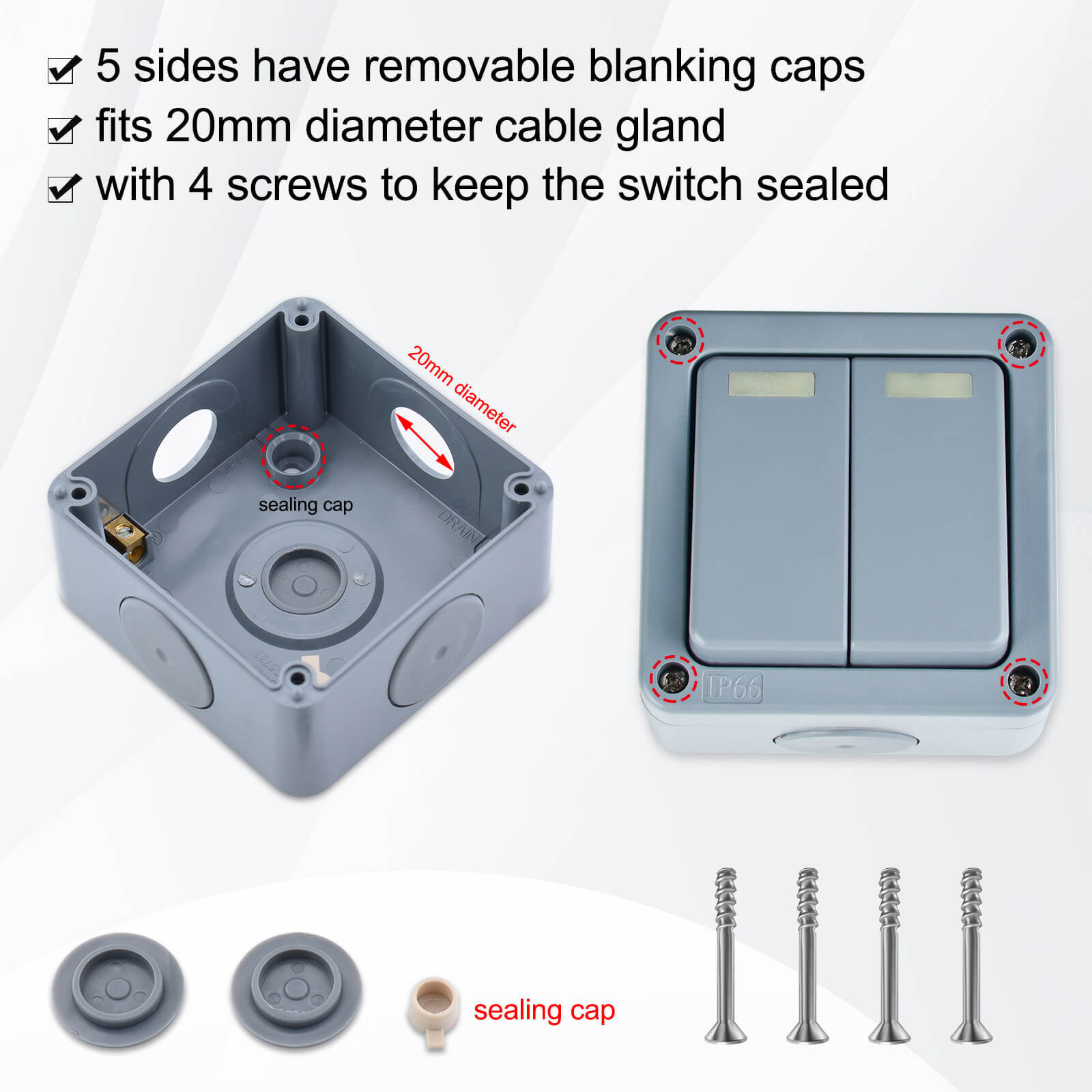 Outside Light Switch 2 Gang 2 Way Outdoor Weatherproof Waterproof Switch IP66