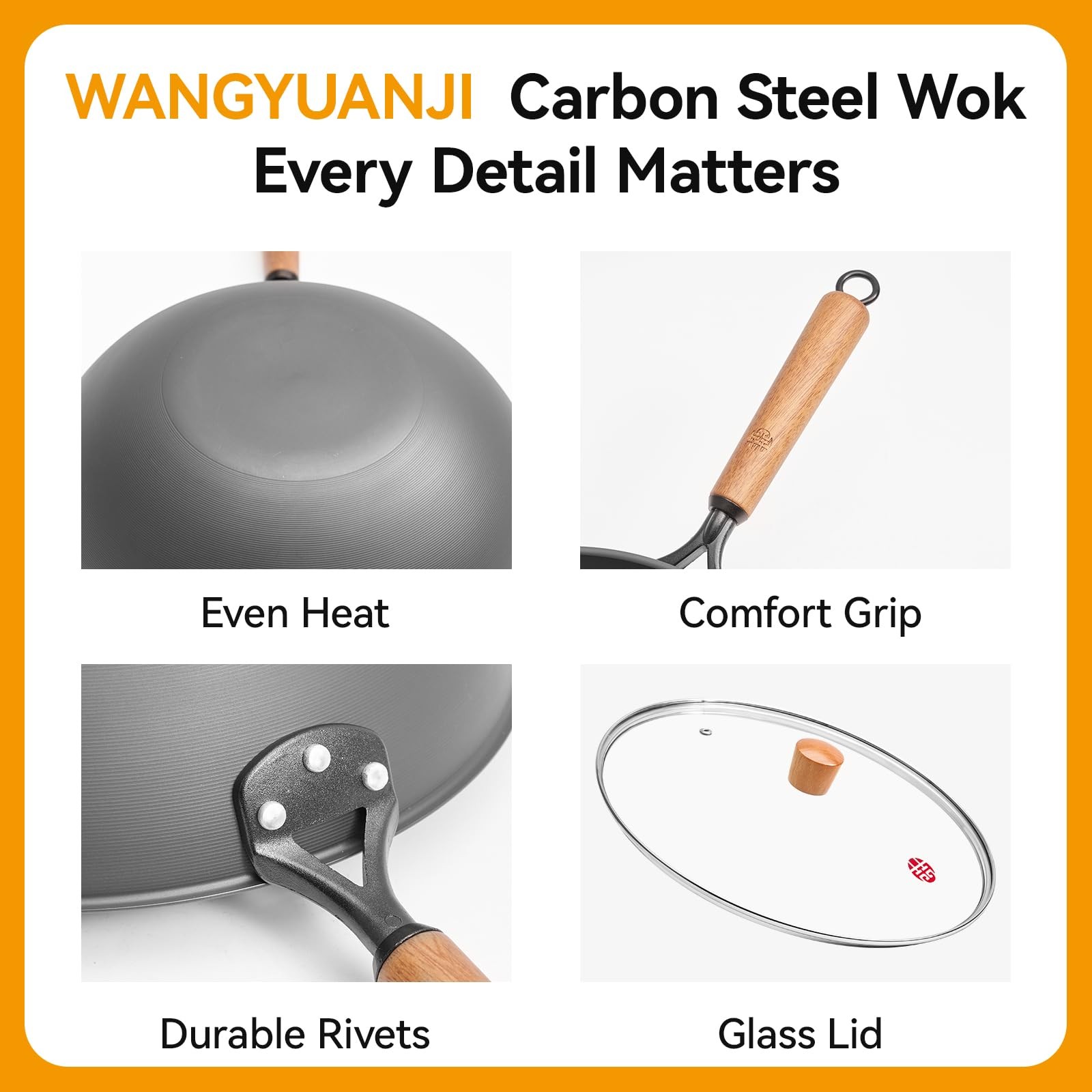 WANGYUANJI Carbon Steel Wok Pan – 12.6 Inch Flat Bottom Wok, Premium Stir Fry Pa