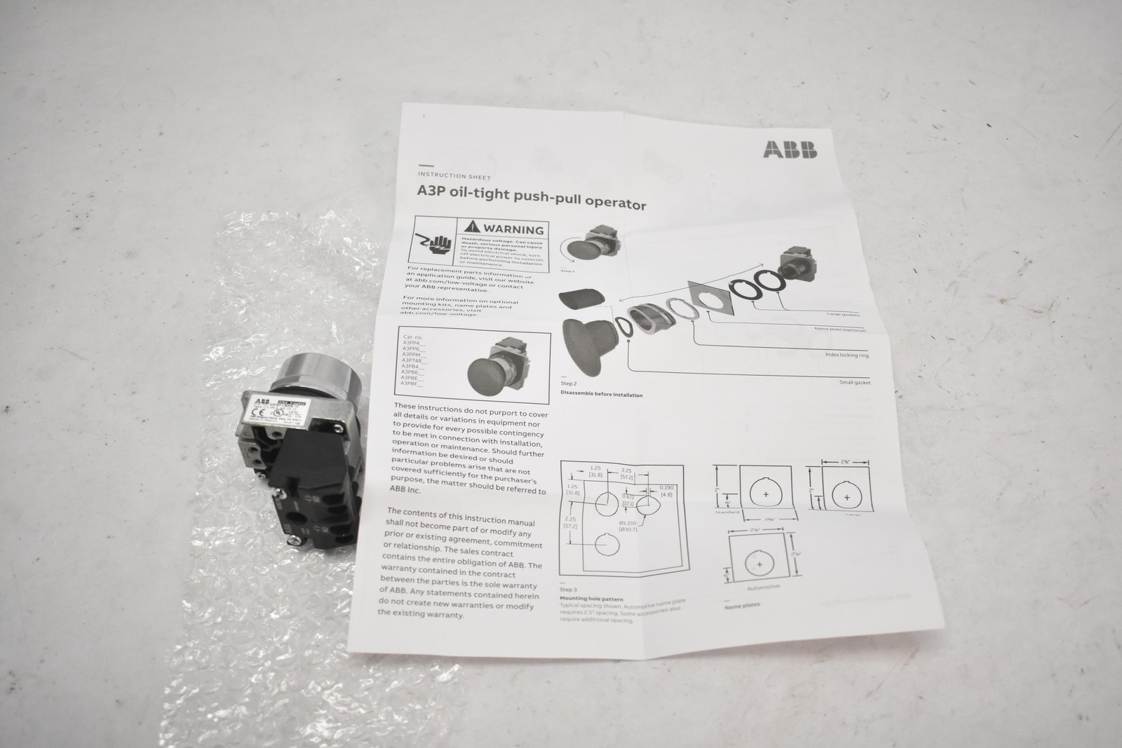 ABB Oil Tight Flush Push Button Plunger Switch A3PBF1-600B-10 Black 1NO NEMA 4X