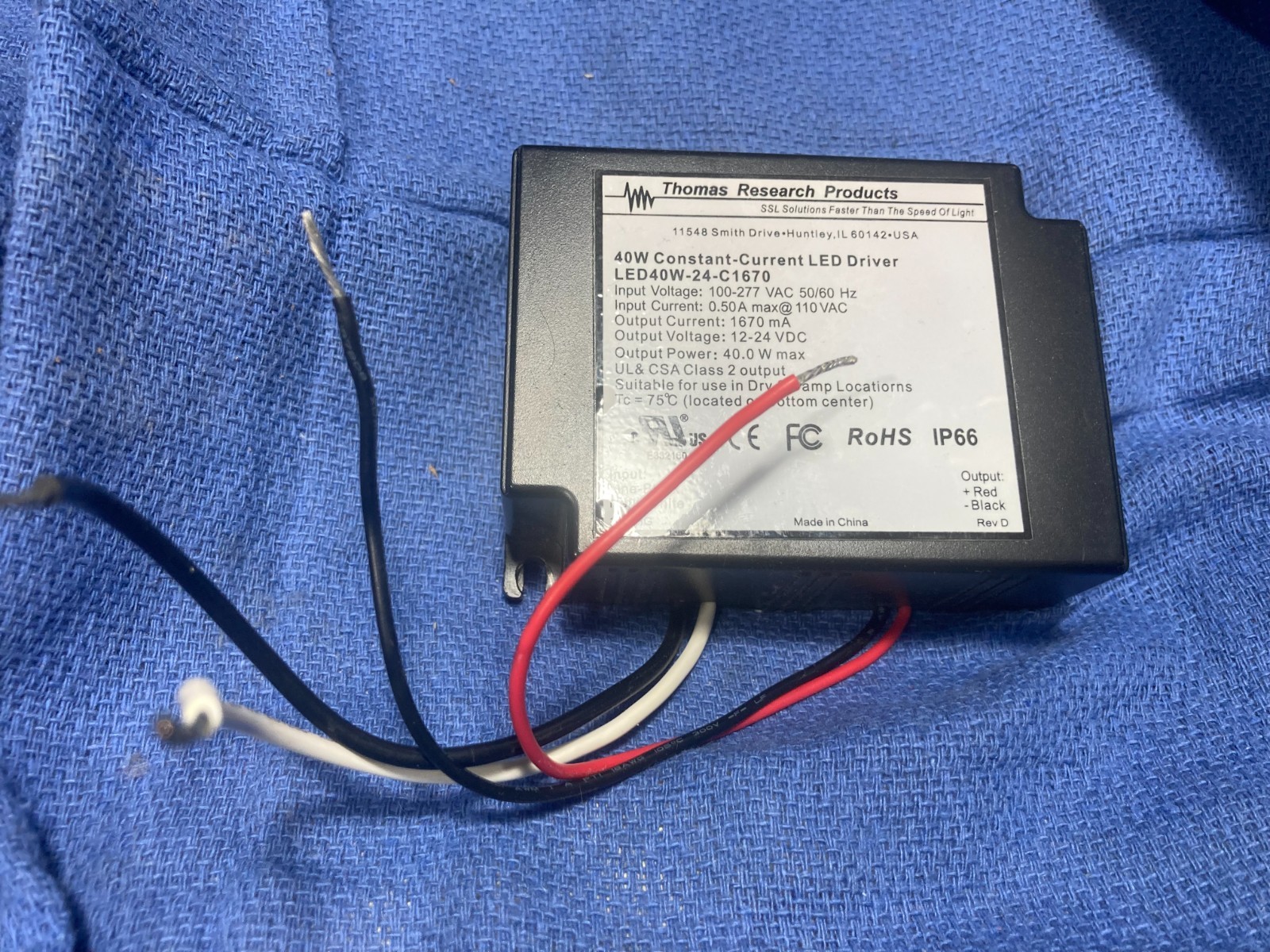 THOMAS RESEARCH LED40W-24-C1670 CONSTANT-CURRENT LED DRIVER, 40W, 12-24VDC