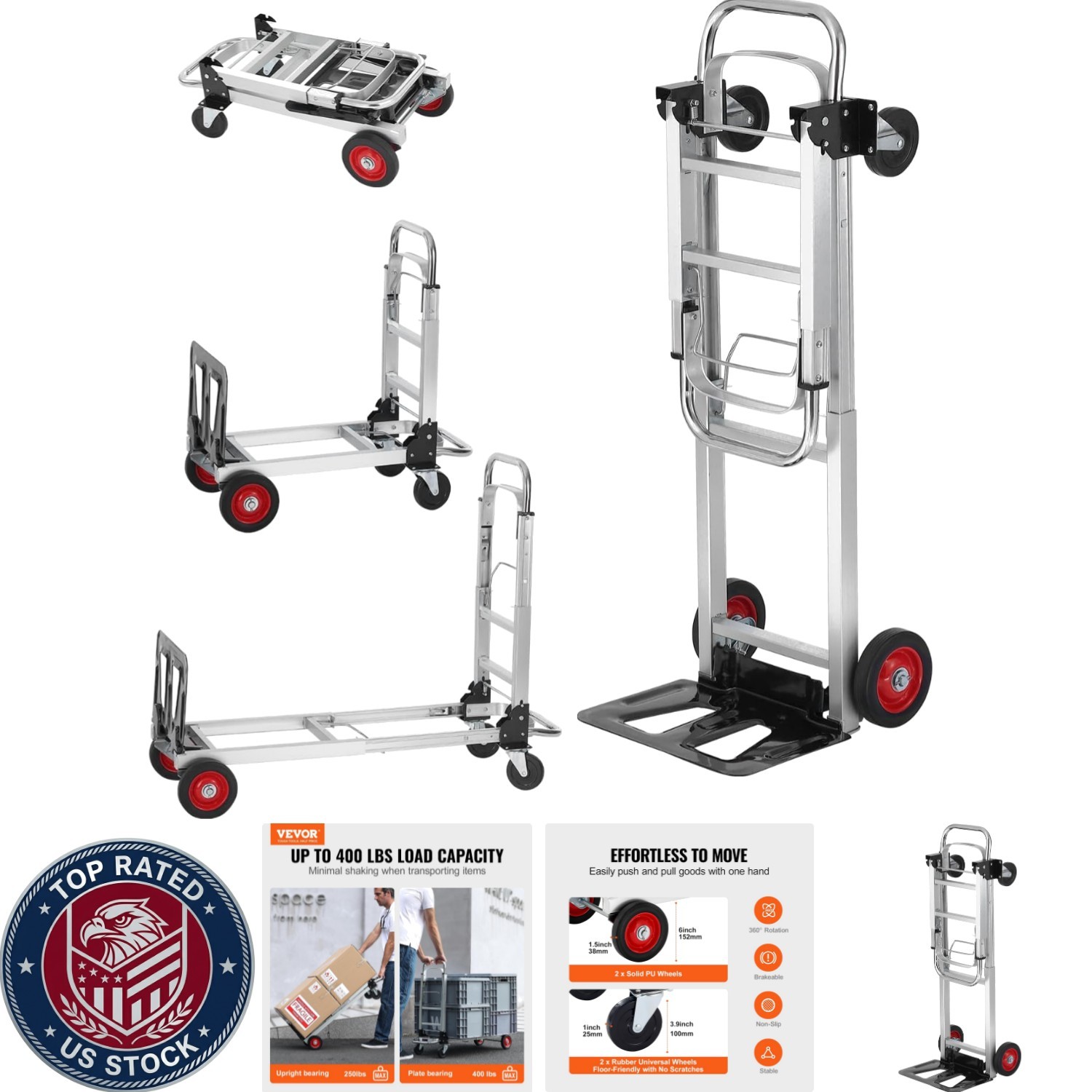 Heavy Duty 2-in-1 Aluminum Folding Hand Truck – 400 lbs Capacity & Rubber Wheels