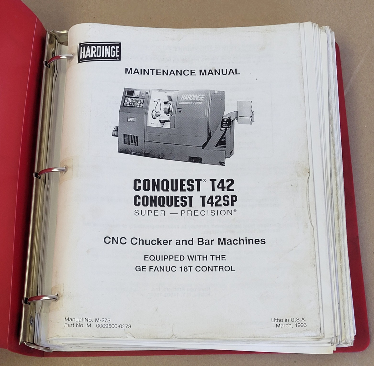 HARDINGE CONQUEST T42 T42SP CNC CHUCKER AND BAR MACHINES MAINTENANCE MANUAL