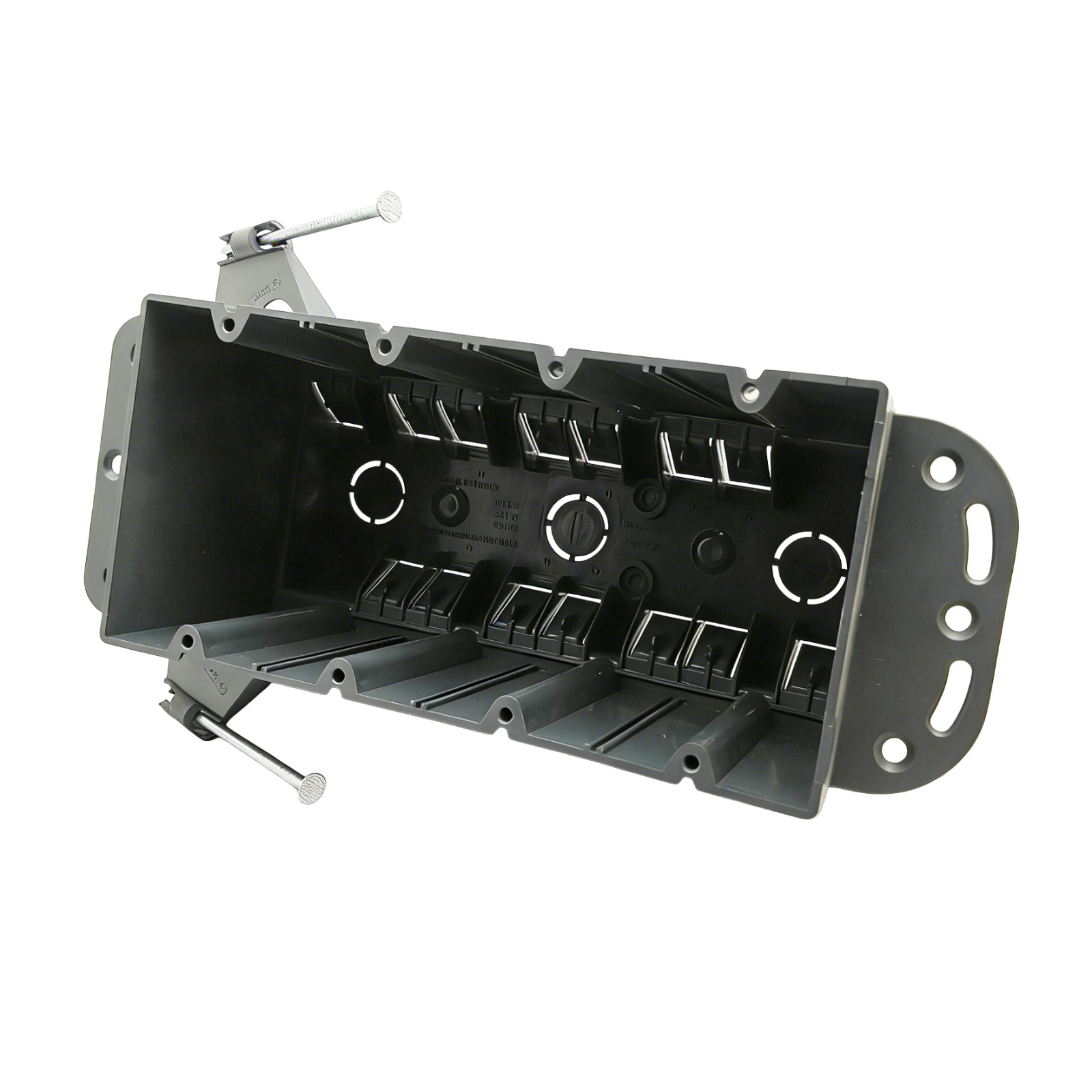 4-Gang PVC Electrical Box, 87 Cu In, ETL Listed, Nail-On w/ Bracket, Gray