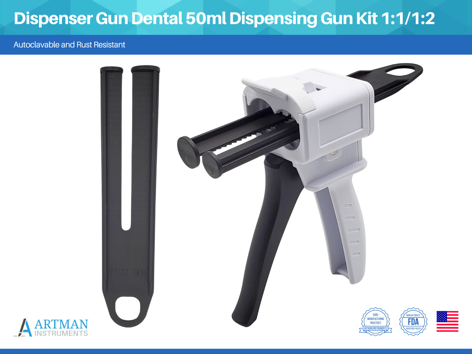 Dispenser Gun Dental 50ml Dispensing Gun Kit 1:1/1:2 fits Most Sizes by ARTMAN