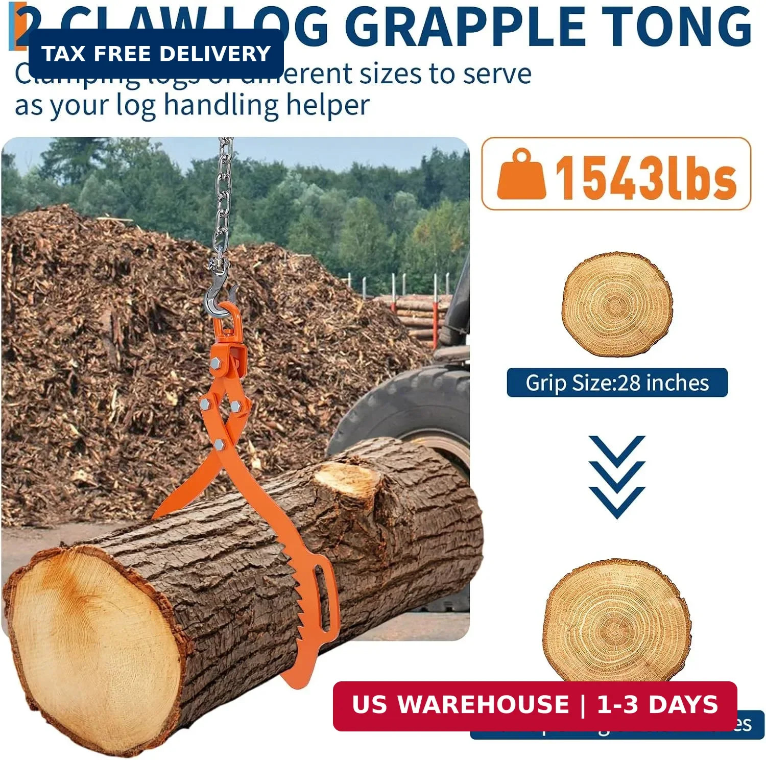 GarveeLife Log Lifting Tongs 28 in 2 Claw, Log Grapple Logging Tongs with 2 Serr