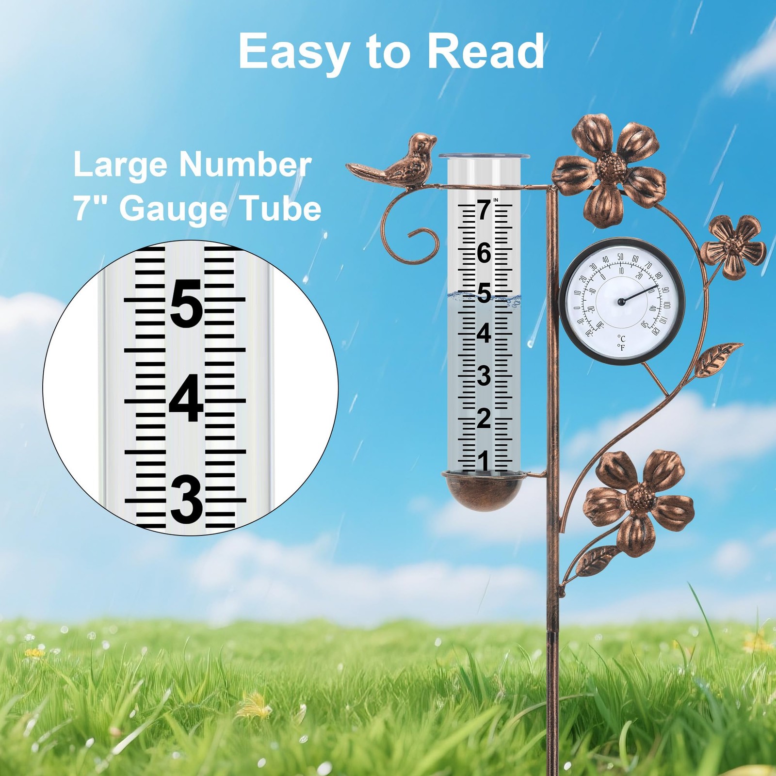 Rain Gauge Outdoor with Thermometer Garden Decor, Bird Decorative Outdoor Rai…