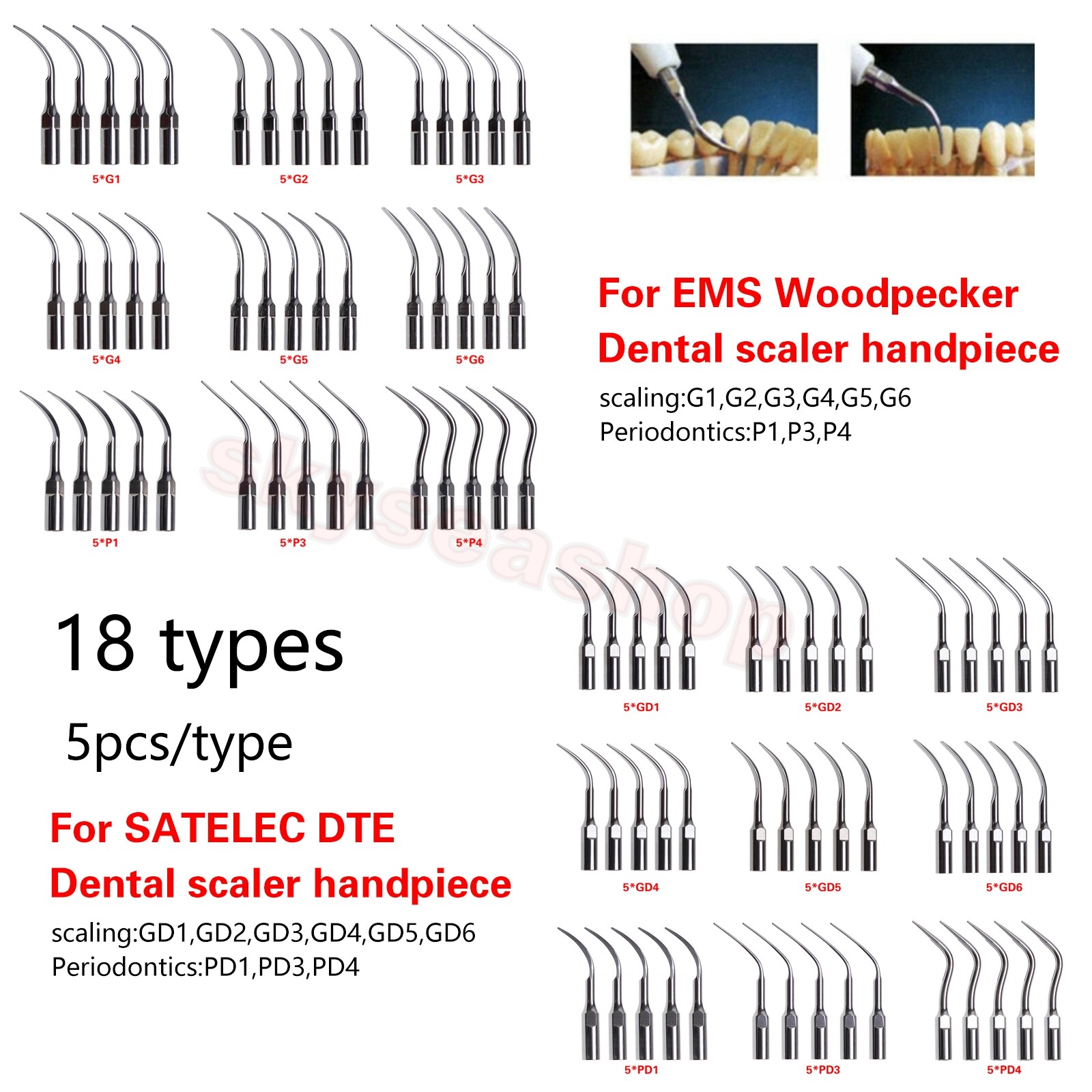 1-10*Tips Dental Ultrasonic Piezo Scaler fit EMS Woodpecker/DTE SATELEC Handpiec