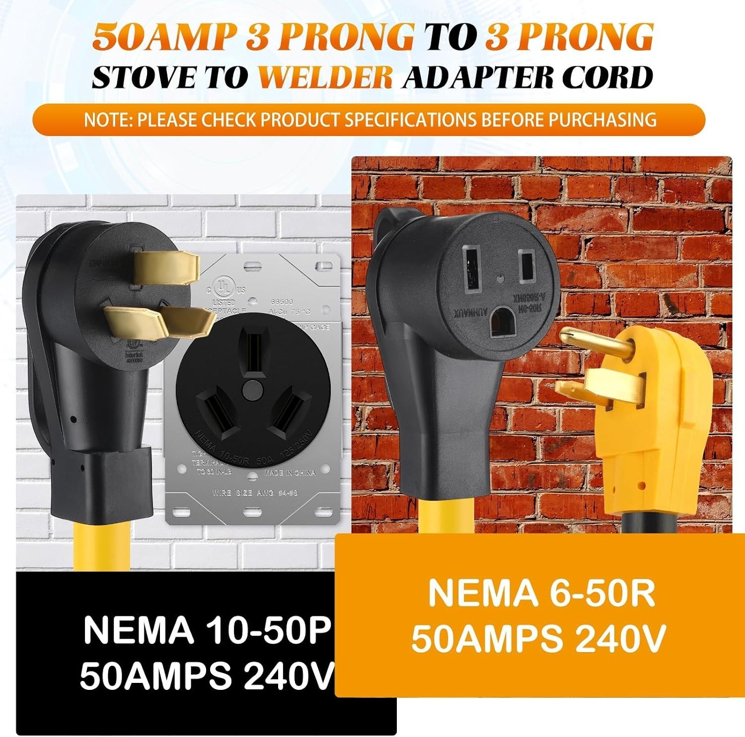 20FT NEMA 10-50P to 6-50R Welder Adapter Cord, 50 Amp 3 Prong 10-50P Male to 6-5