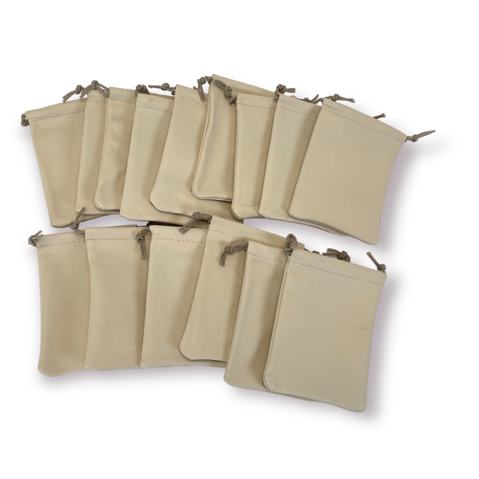 Lot of 20 Beige Leather Drawstring Pouches For Jewelry/Collectibles 2.5×3.5”