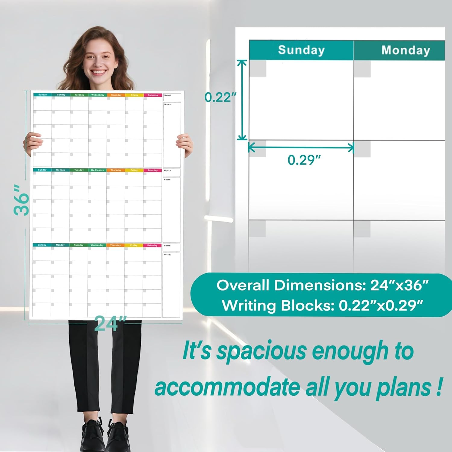 24″ x 36″ Dry Erase Wall Calendar large – Undated 3-Month Agenda Planner Calenda