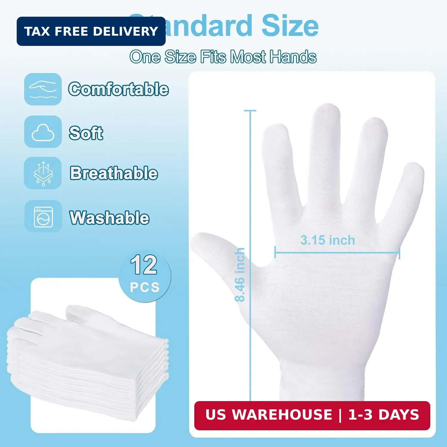 12-Pack White Cotton Gloves, for Dry Hands Sleeping Eczema Care and Night-Time M