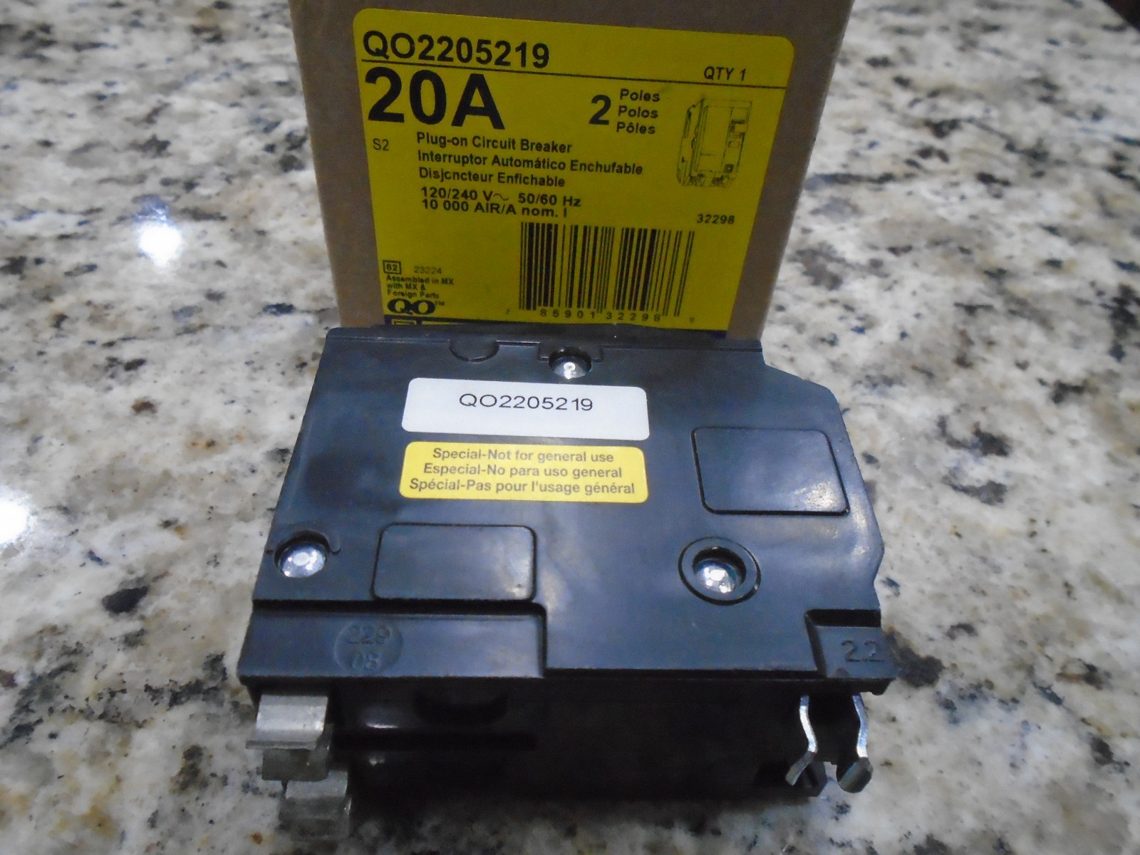SQUARE D QO2205219 20AMP 2 POLE 120/240VAC, 10kA, HIGH AMP LUGS SPECIAL BREAKER