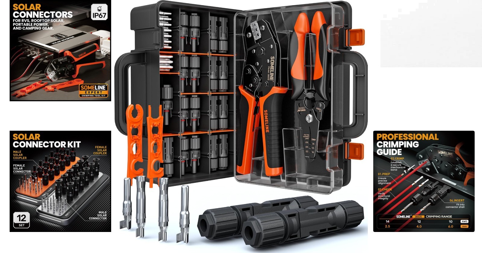 Ergonomic Solar Crimping Tool Kit: 14-10 AWG, 12 Pairs of Connectors Included