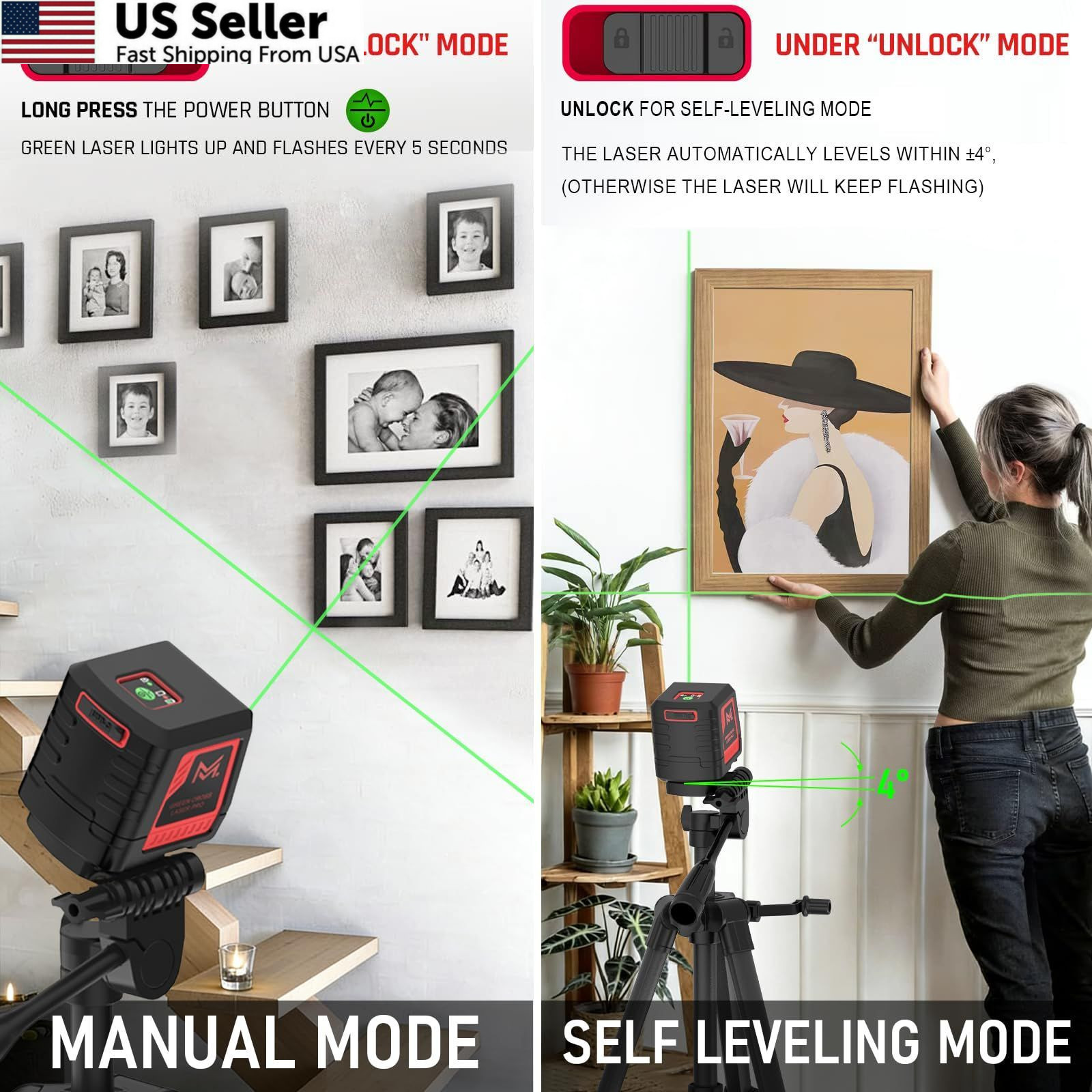 Self Leveling Laser Level 100ft Green Cross Line with Tripod IP54 Waterproof USA