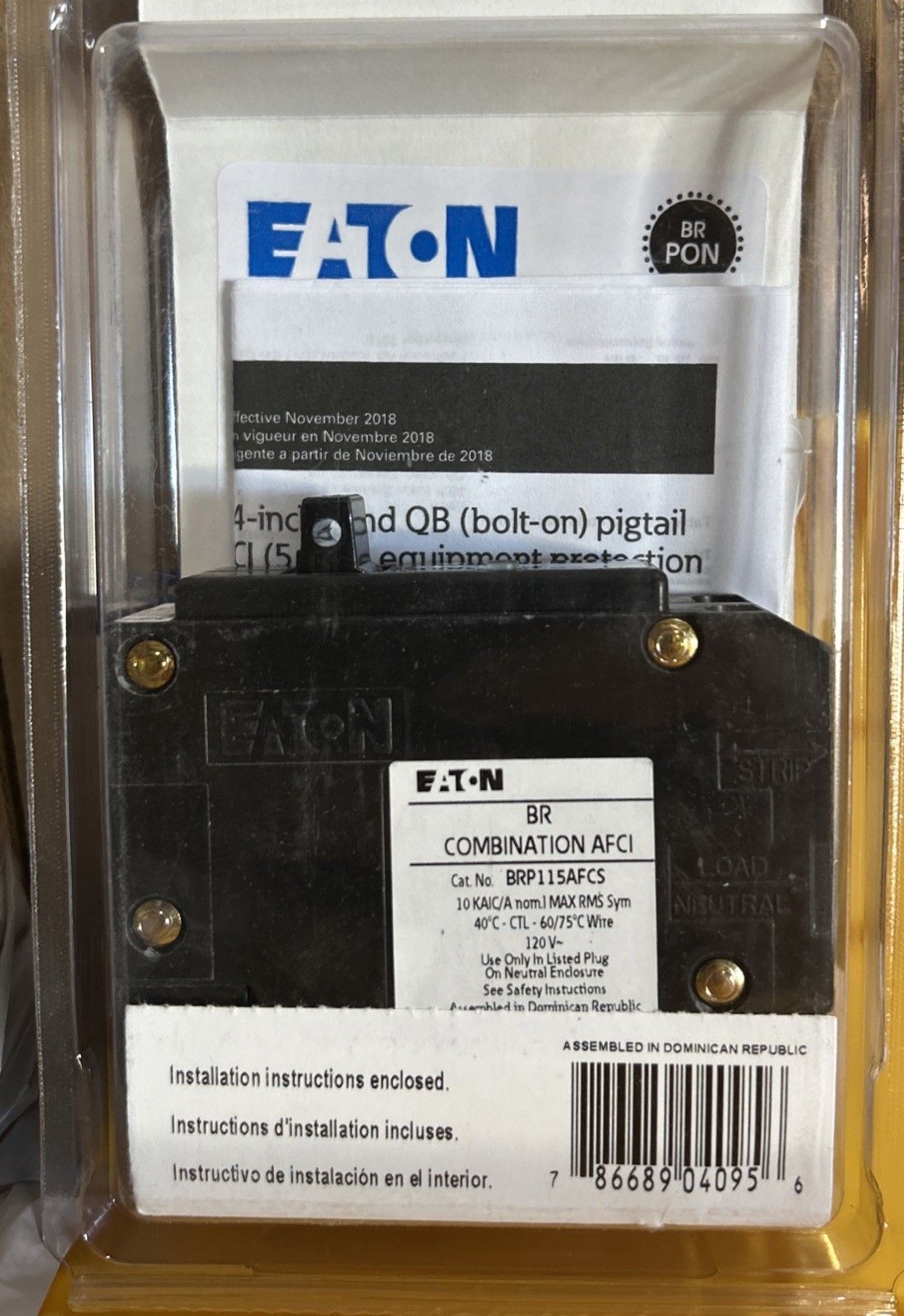 Eaton 15 Amp 120-Volt AFCI Plug-on Neutral Circuit Breaker BRP115AFCS NEW