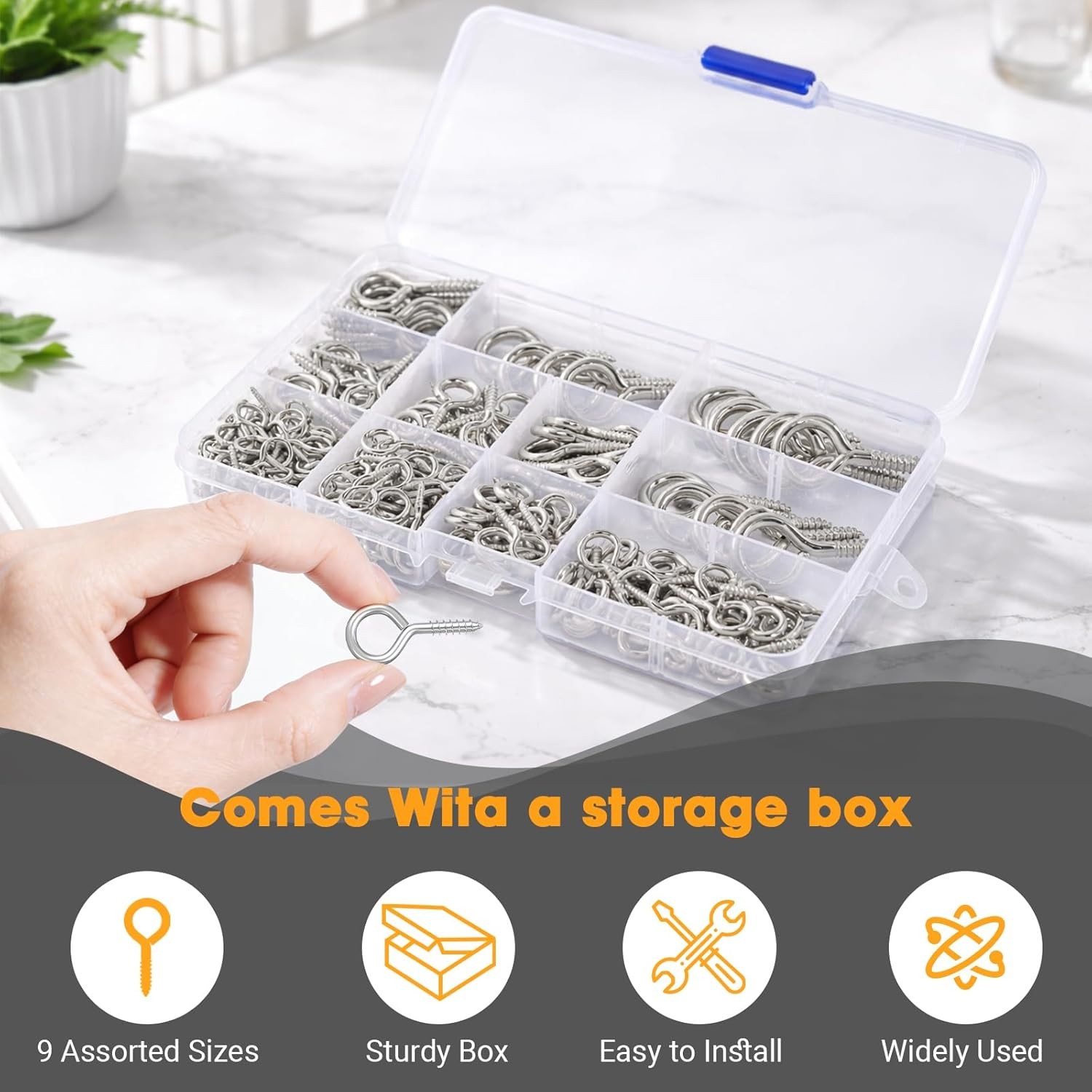 250Pcs Eye Screw Assortment Kit 9 Sizes Heavy Duty Steel Screw-in Hooks Ring Set