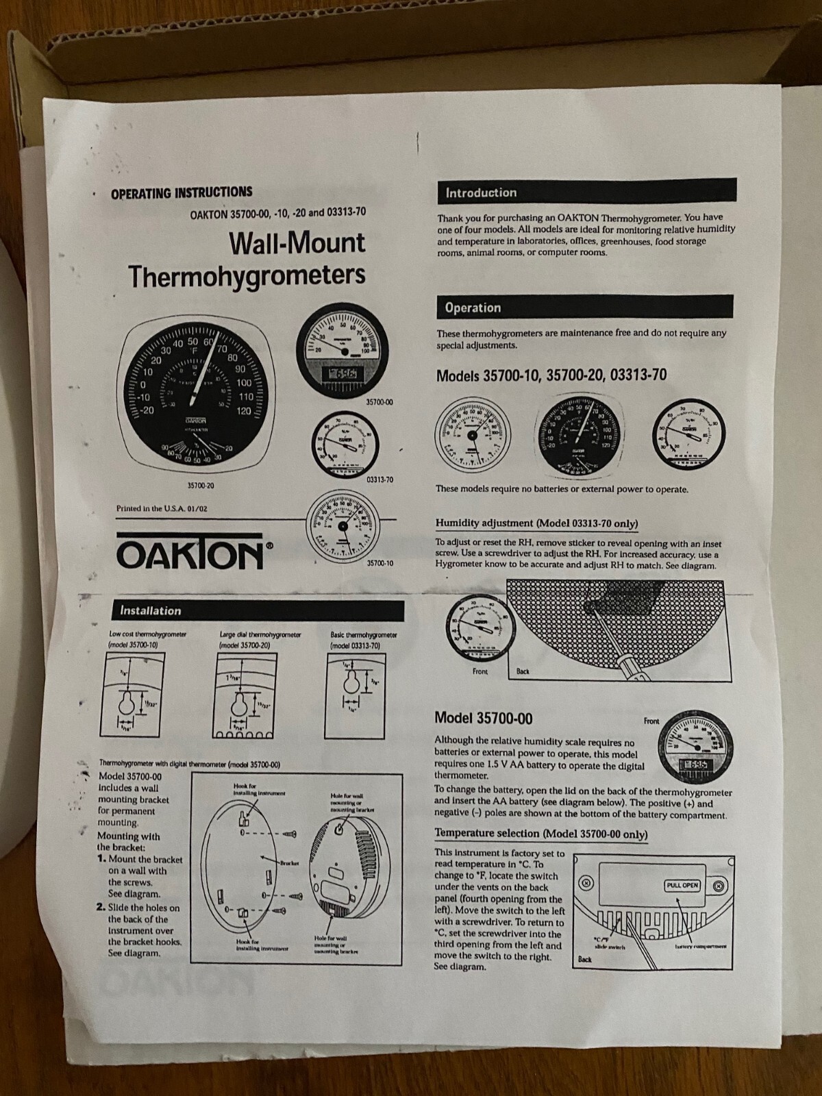 Oakton 1013-00 Large-Dial Thermohygrometer, 25 to 80% RH/, -22 to 122F