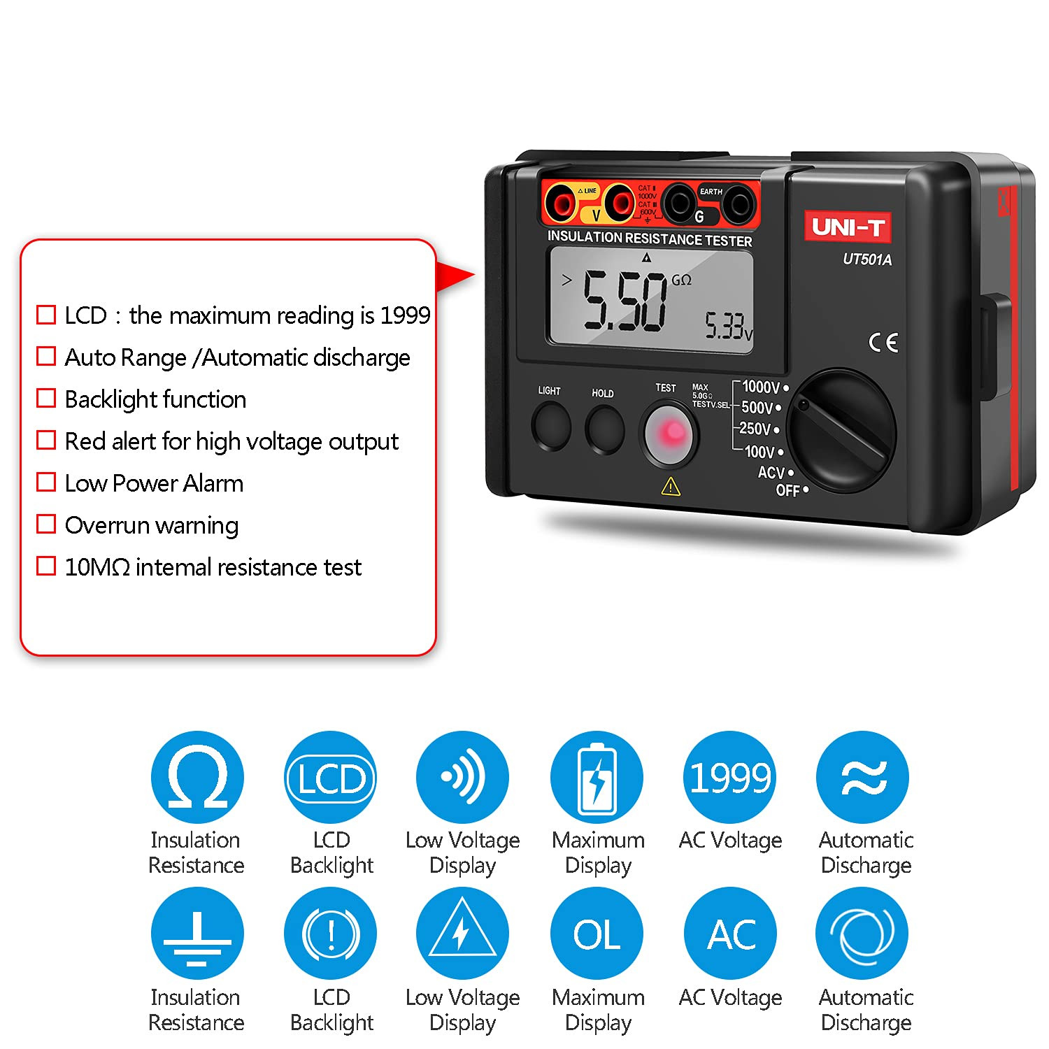 UT501A 1000V Megohmmeter Insulation Tester with 2000 Counts LCD Display