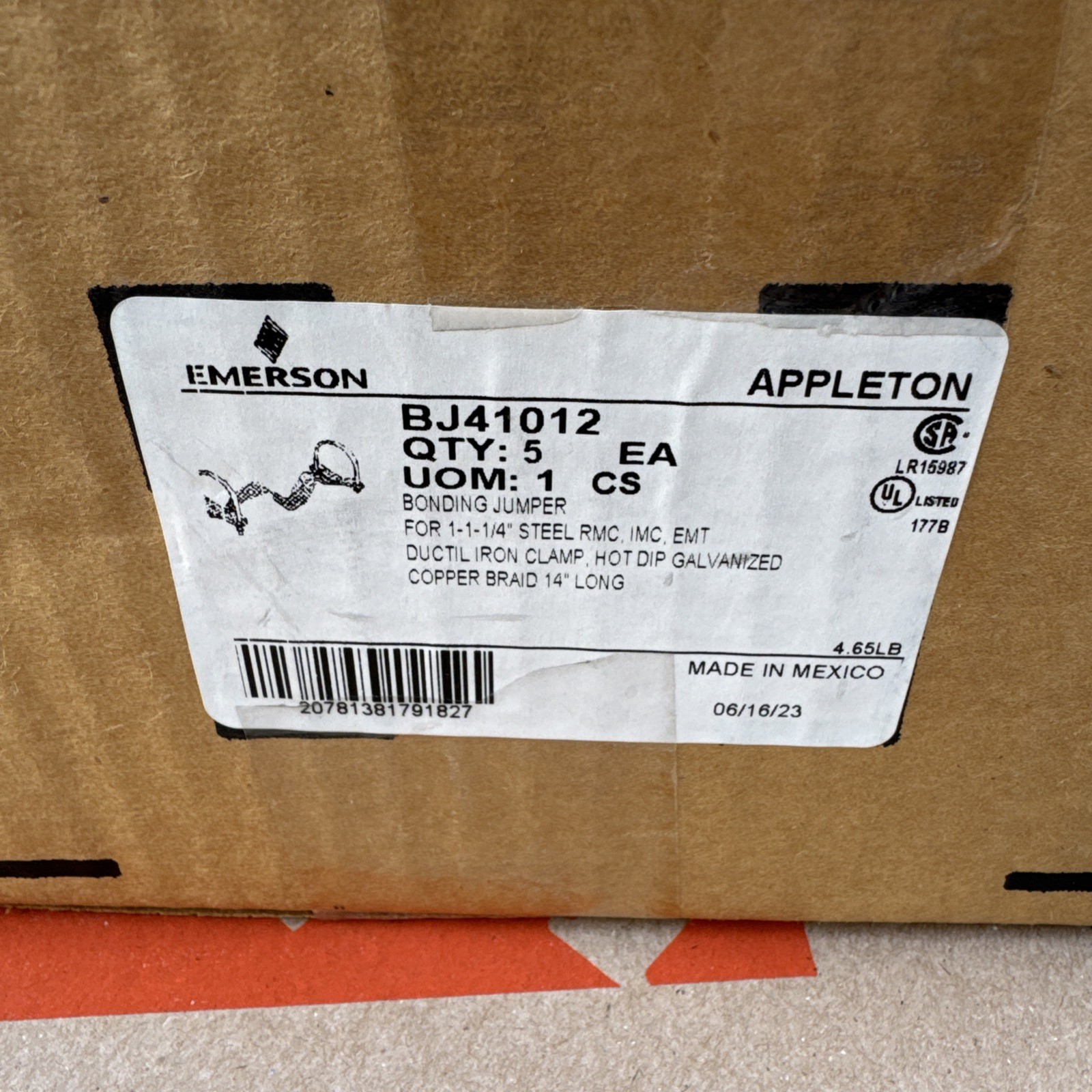 Box of 5 Emerson Appleton BJ41012 Bonding Jumper 1-1/4 Steel Rms Inc